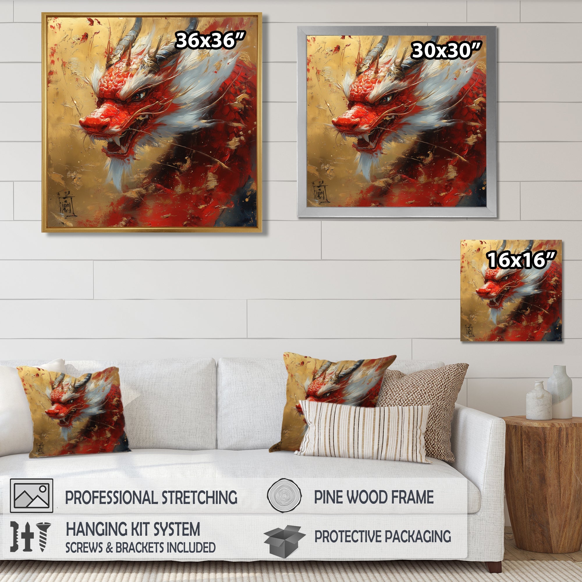 China Red And Gold Dragons Power - Dragons Framed Canvas Art