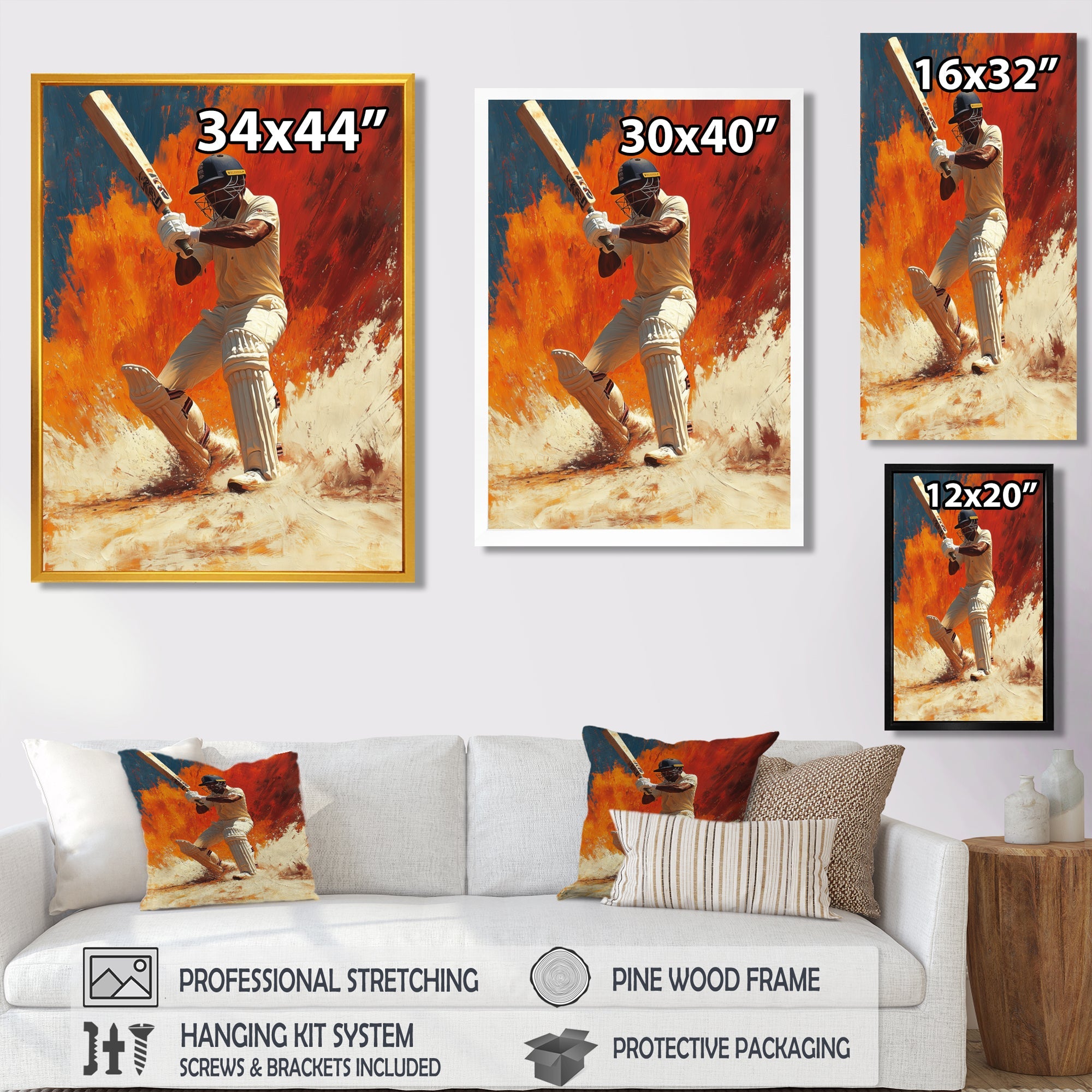 White And Orange Sport Cricket Batsmans Stance - Cricket Sport Canvas Wall Art