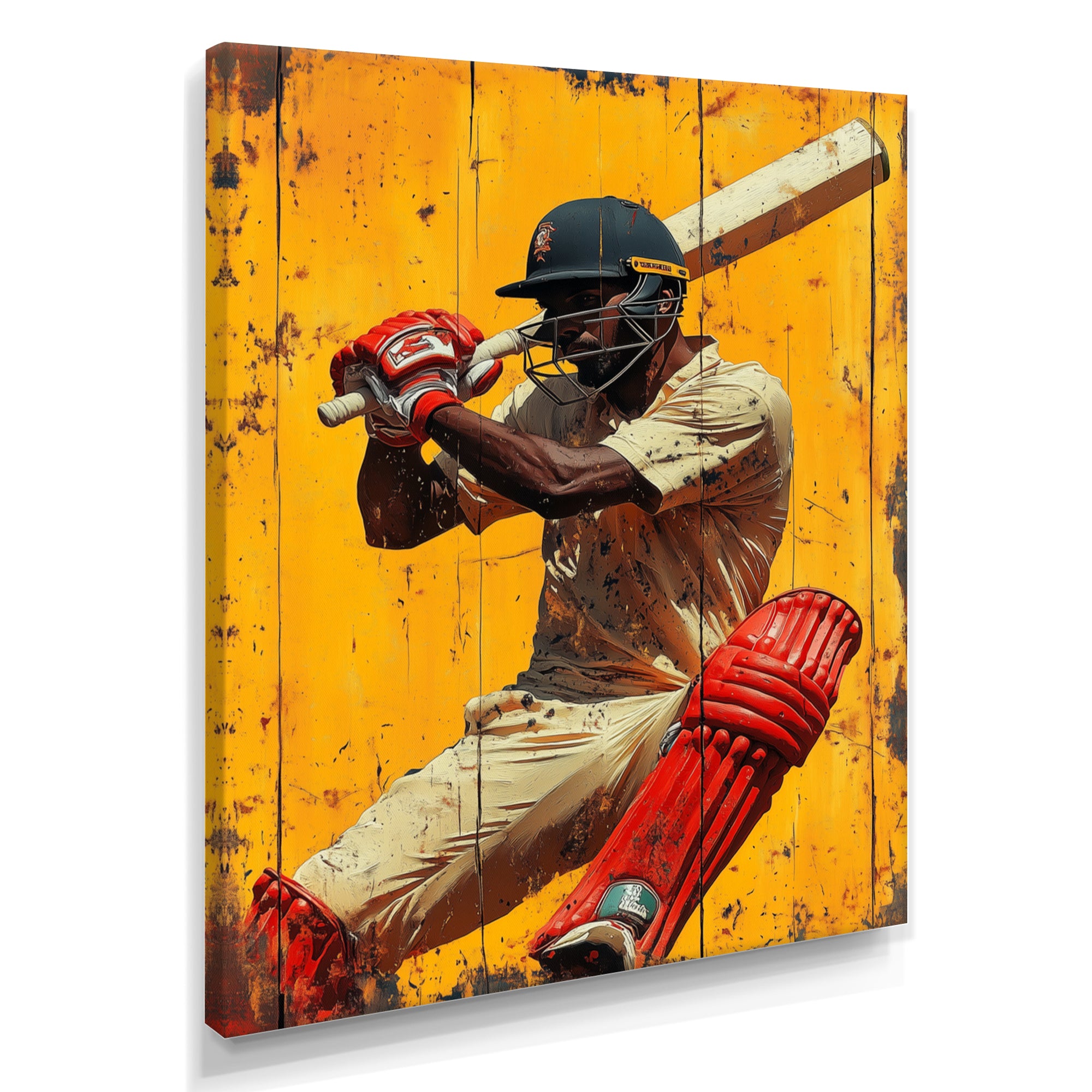 Red And Yellow Sport Cricket Batsmans Stance - Cricket Sport Canvas Wall Art