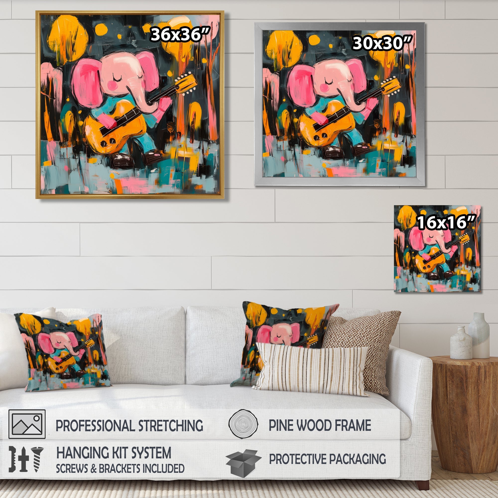 Nursery Elephant Playing Guitar - Elephant Large Canvas Wall Art