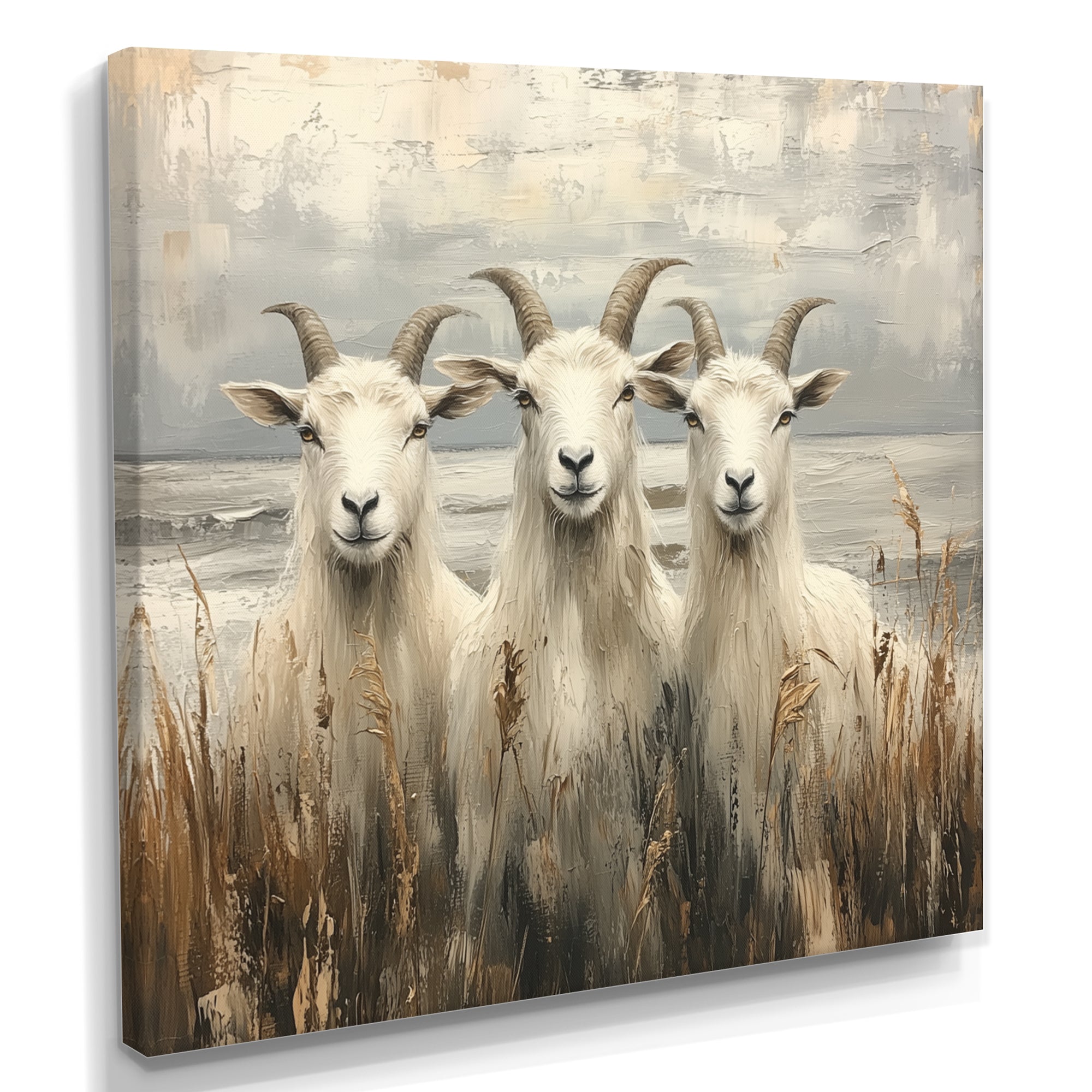 Grey And Brown Minimalism Coastal Goats - Goat Canvas Wall Art