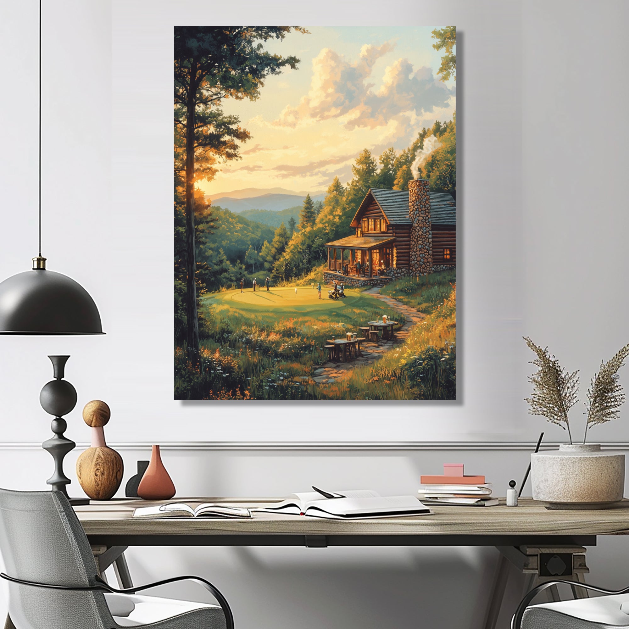 Green And Brown Golf Course With Cozy Lodge I - Golf Canvas Wall Art