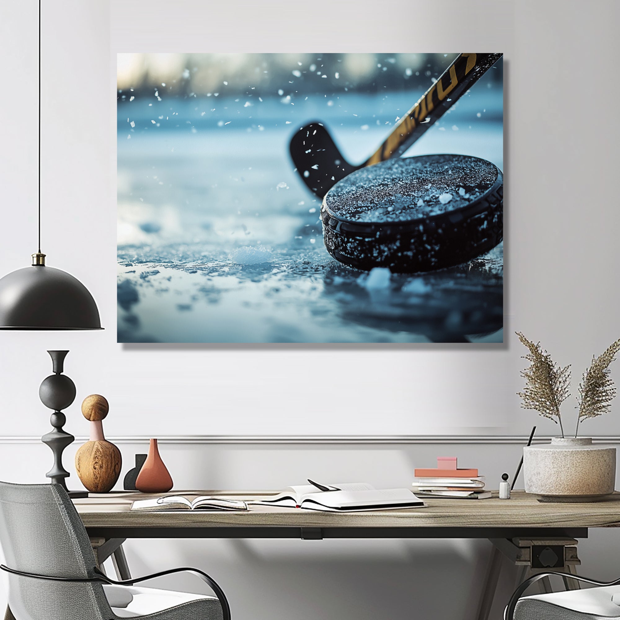 Black Hockey Stick And Rubber Puck I - Sport Hockey Canvas Wall Art