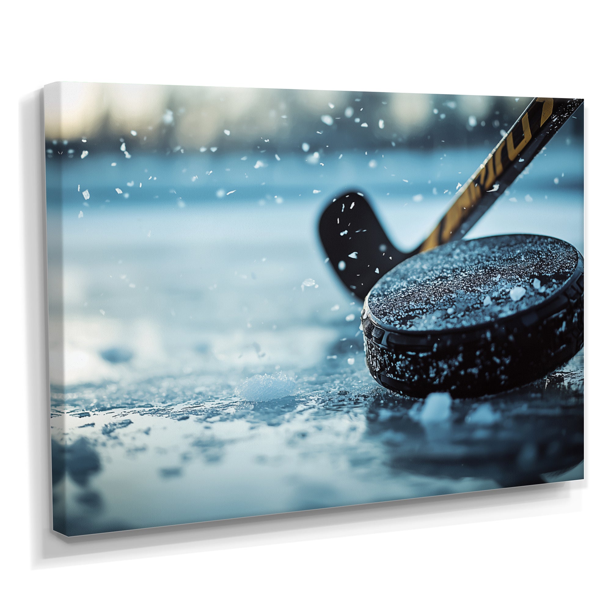 Black Hockey Stick And Rubber Puck I - Sport Hockey Canvas Wall Art