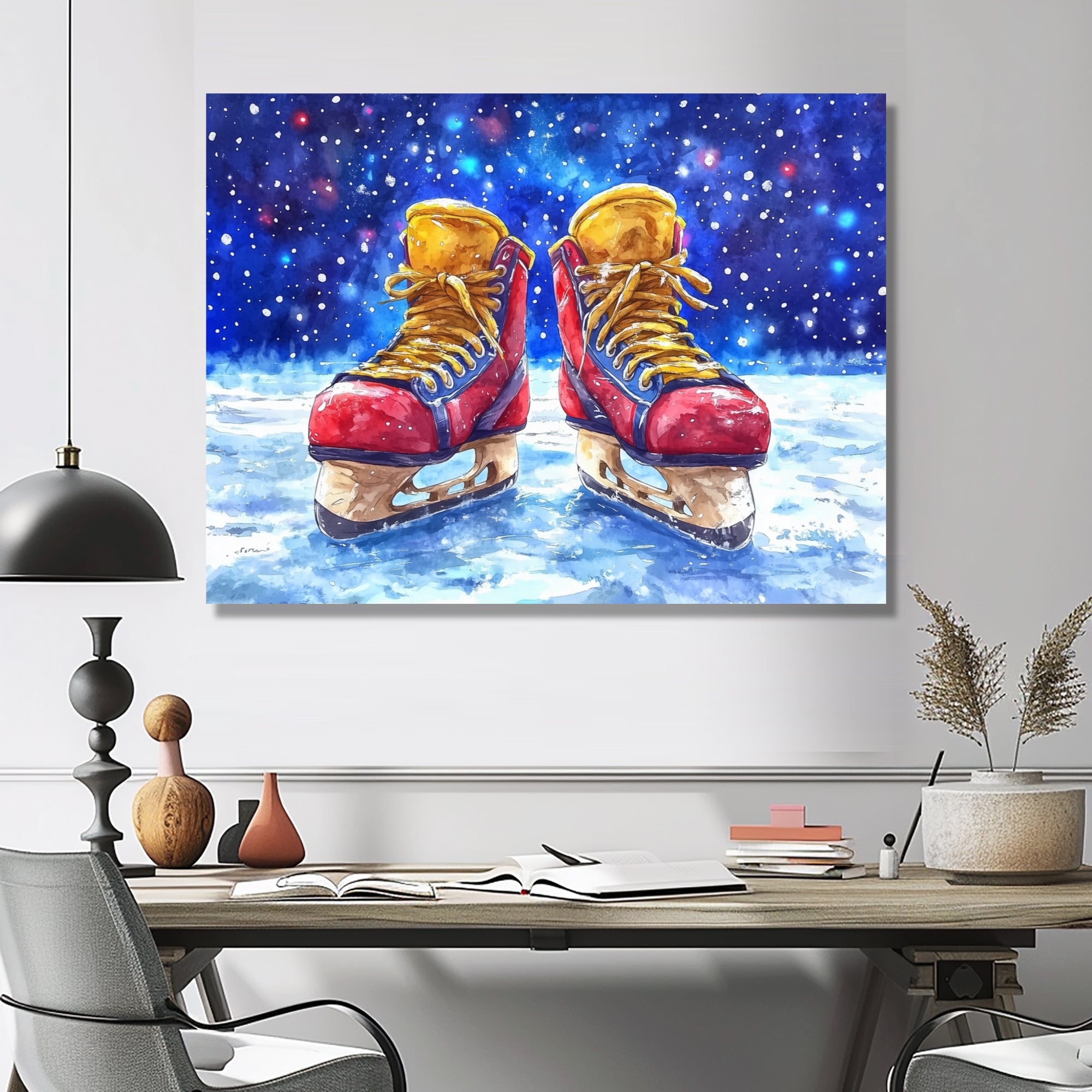 Red Hockey Gear Painting Accented With Blue - Sport Hockey Canvas Wall Art