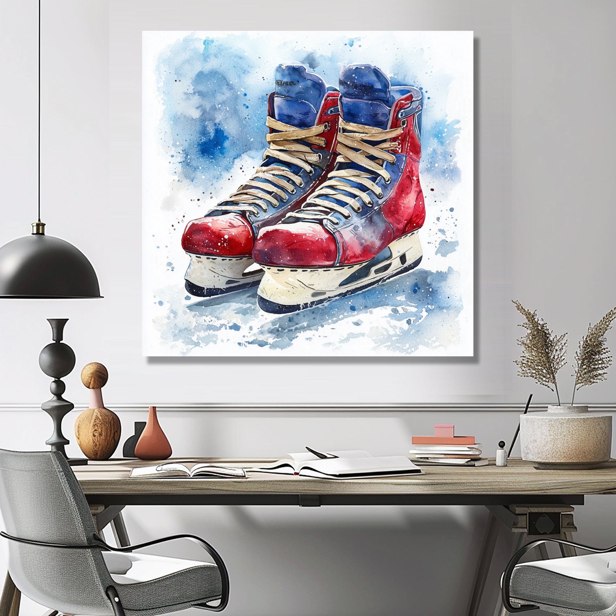 Red Blue Watercolor Hockey Skates - Sport Hockey Canvas Wall Art