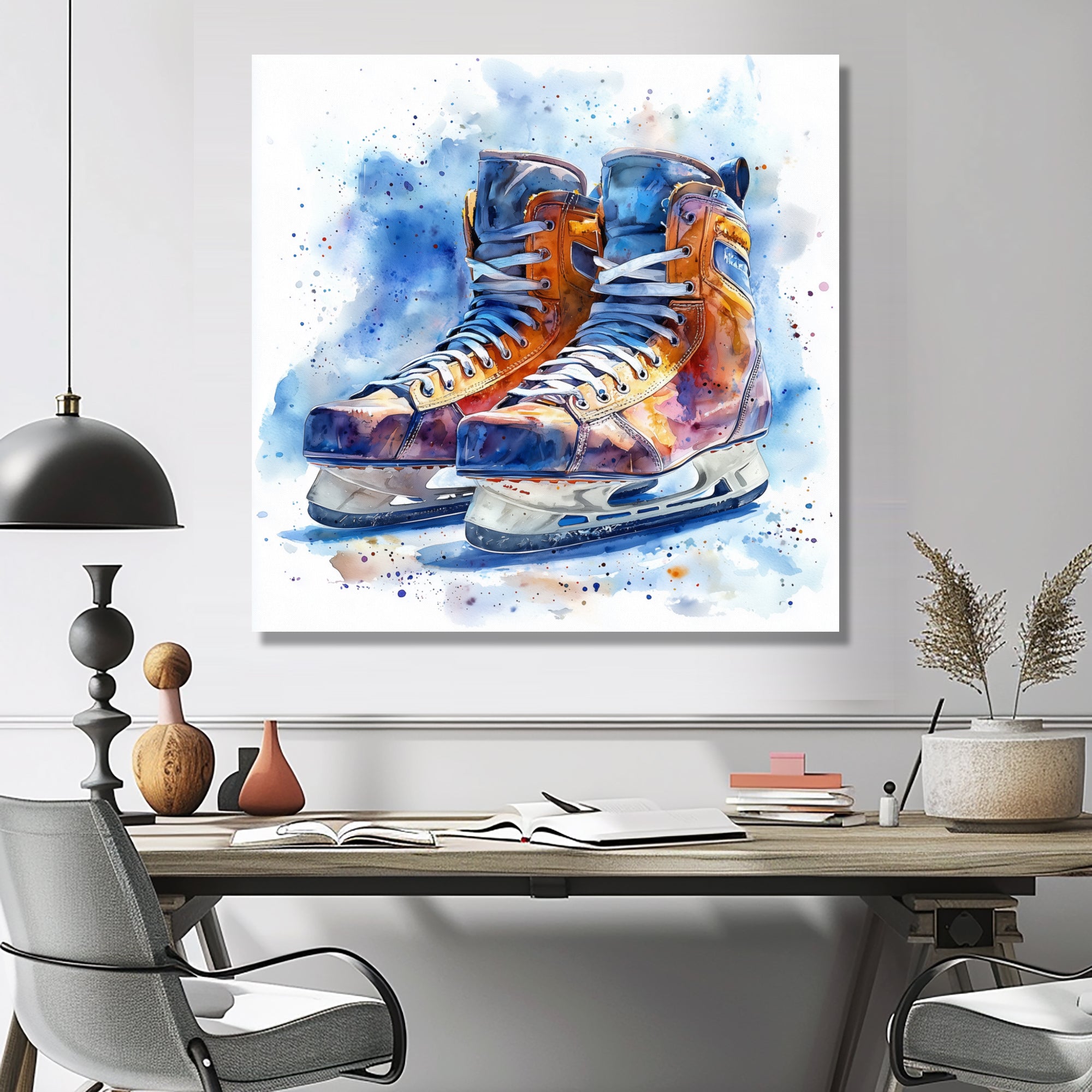 Yellow Blue Watercolor Hockey Skates - Sport Hockey Canvas Wall Art