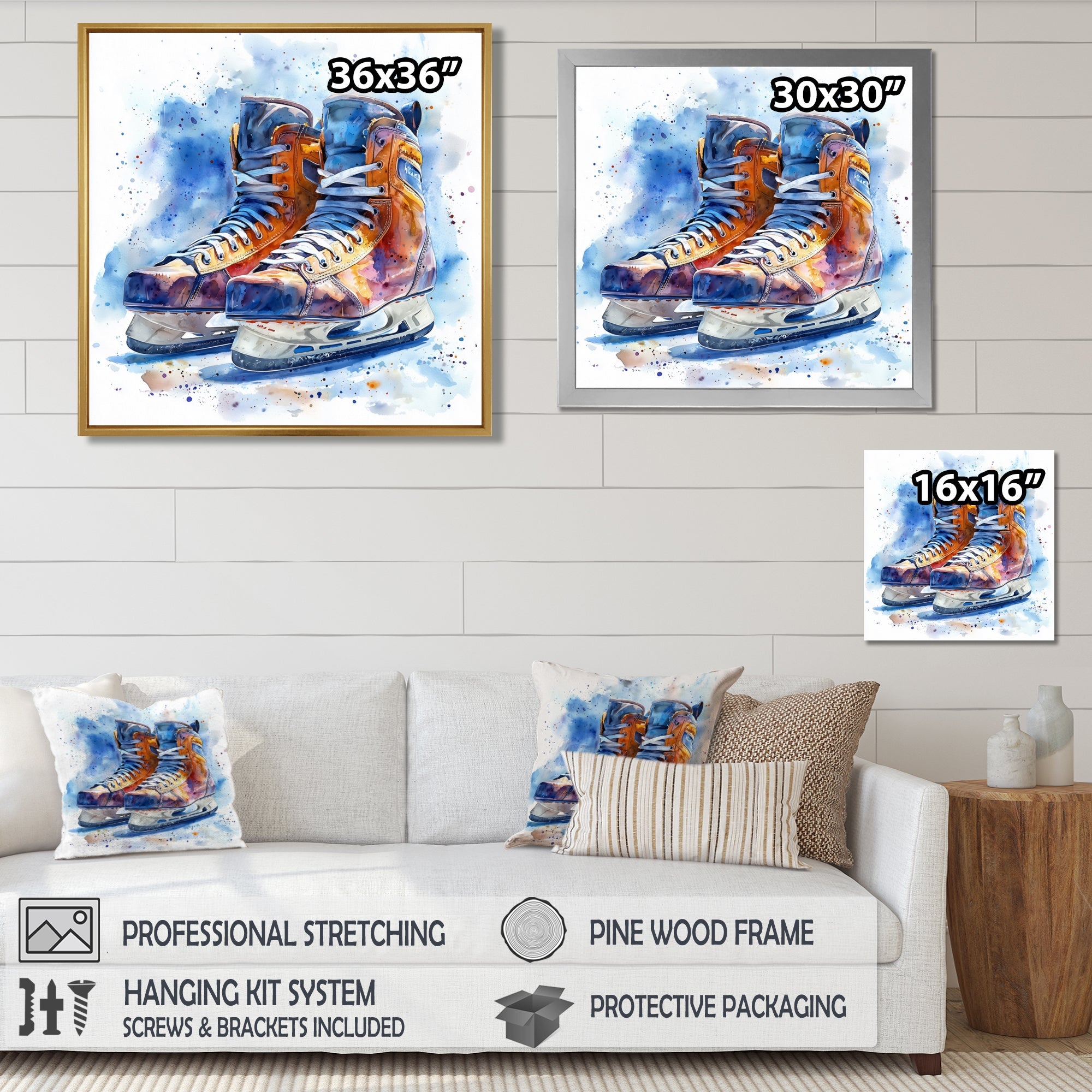 Yellow Blue Watercolor Hockey Skates - Sport Hockey Canvas Wall Art