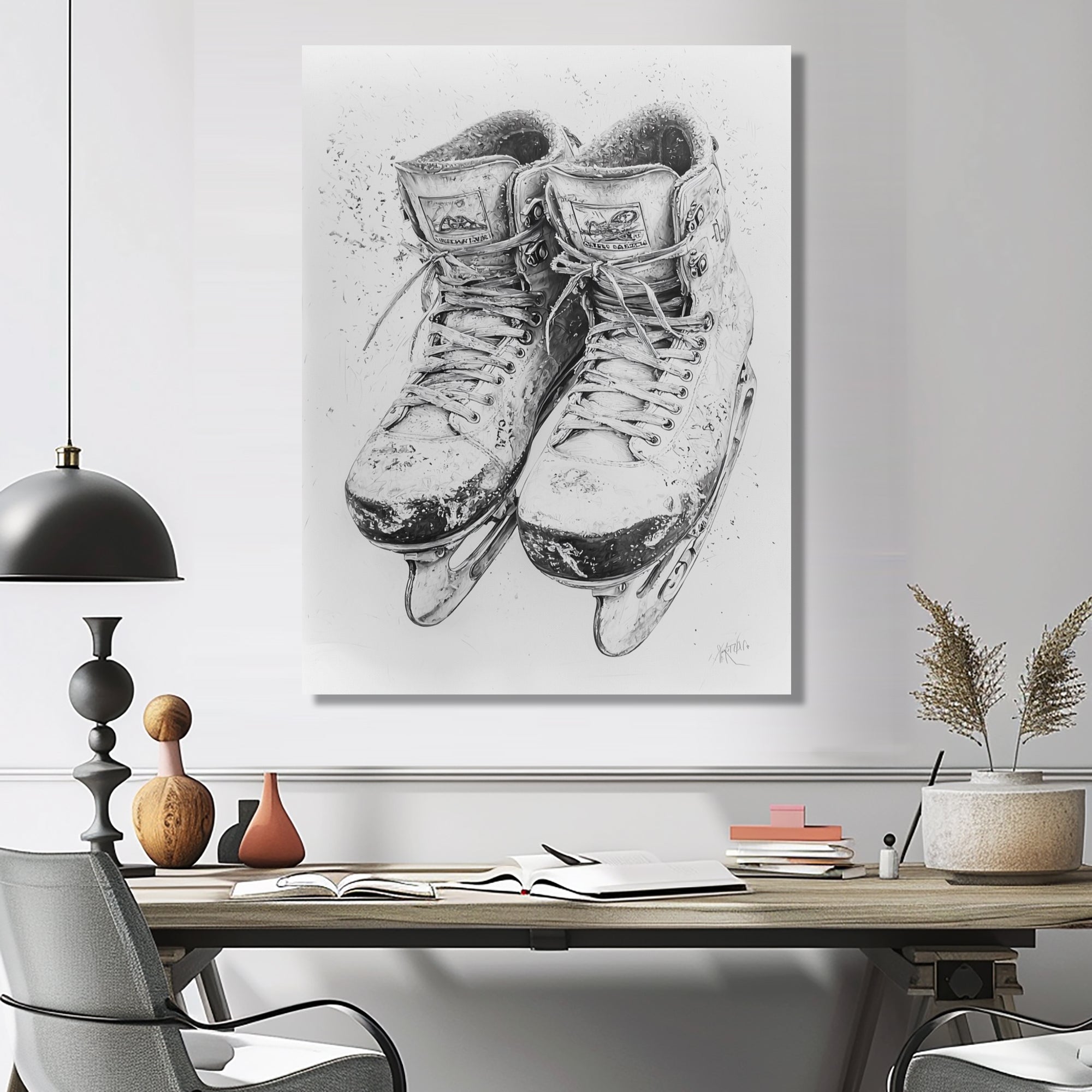 Grey Hockey Skates Hung On Wall I - Sport Hockey Canvas Wall Art