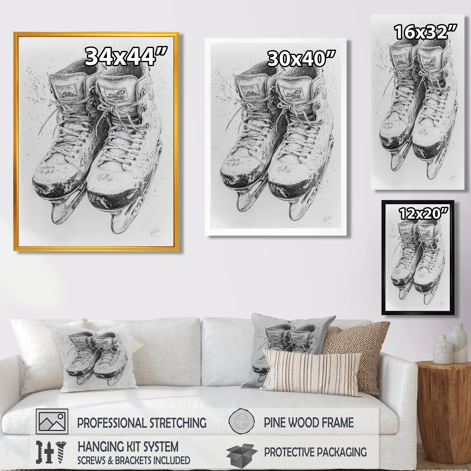 Grey Hockey Skates Hung On Wall I - Sport Hockey Canvas Wall Art