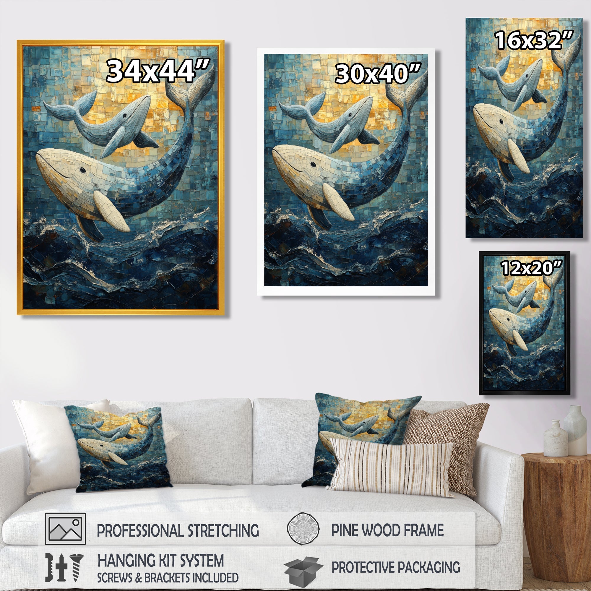 Whales In Blue And Yellow Tones - Whale Large Canvas Wall Art
