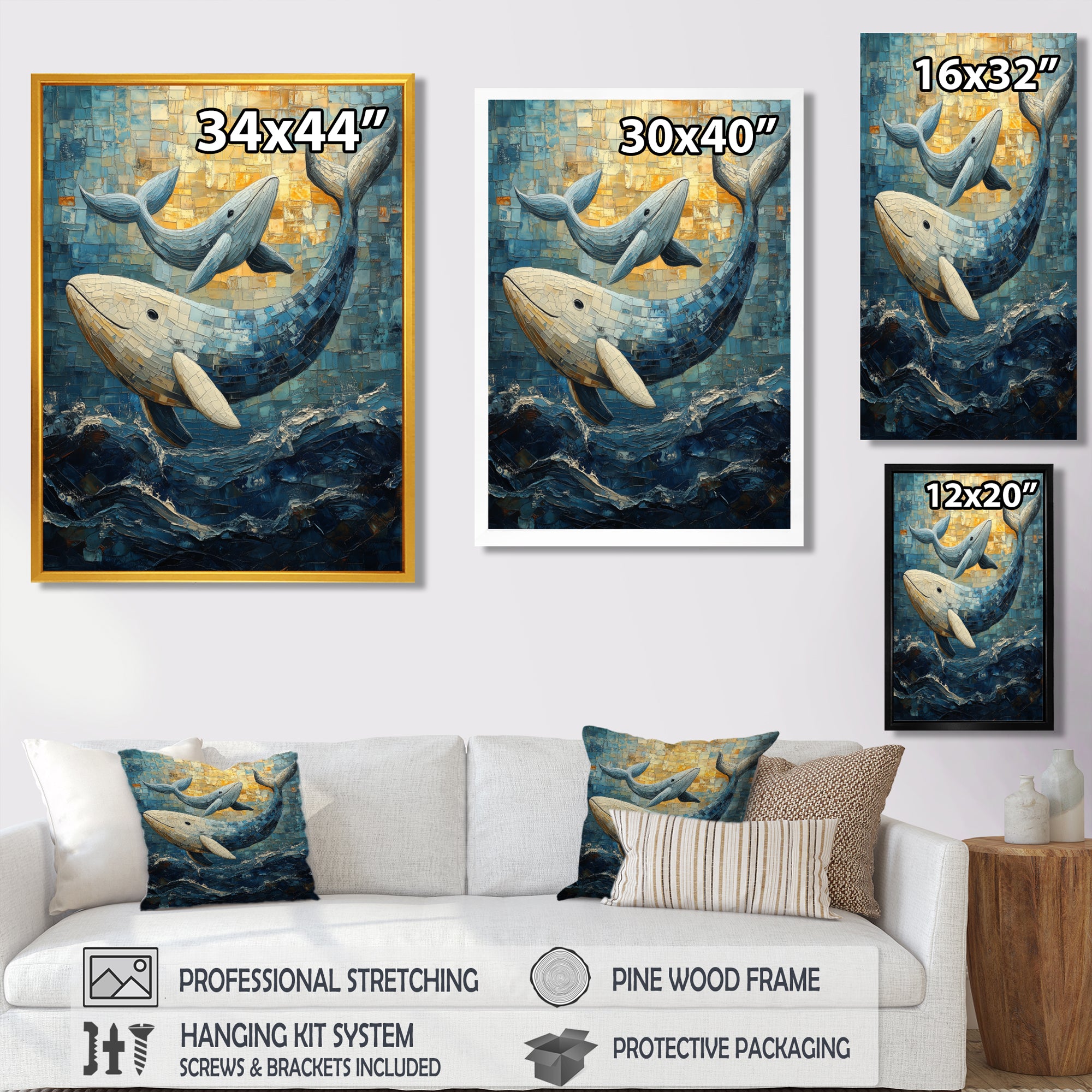 Whales In Blue And Yellow Tones - Whale Large Canvas Wall Art