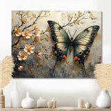 Vintage Butterfly On Cherry Blossom Branch - Blue Butterfly Wall Art