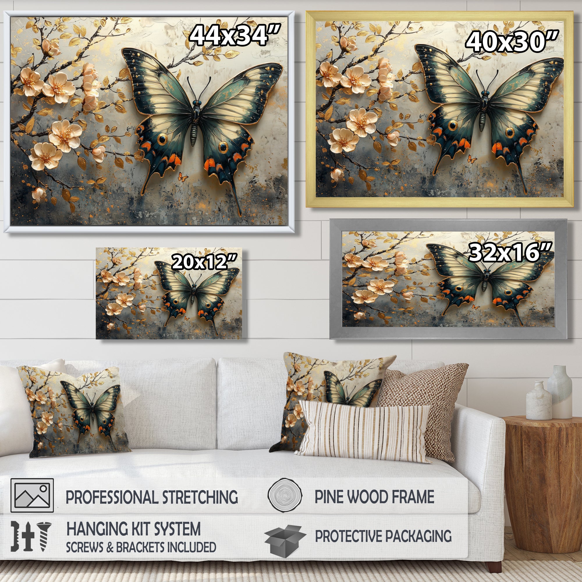 Vintage Butterfly On Cherry Blossom Branch - Blue Butterfly Wall Art