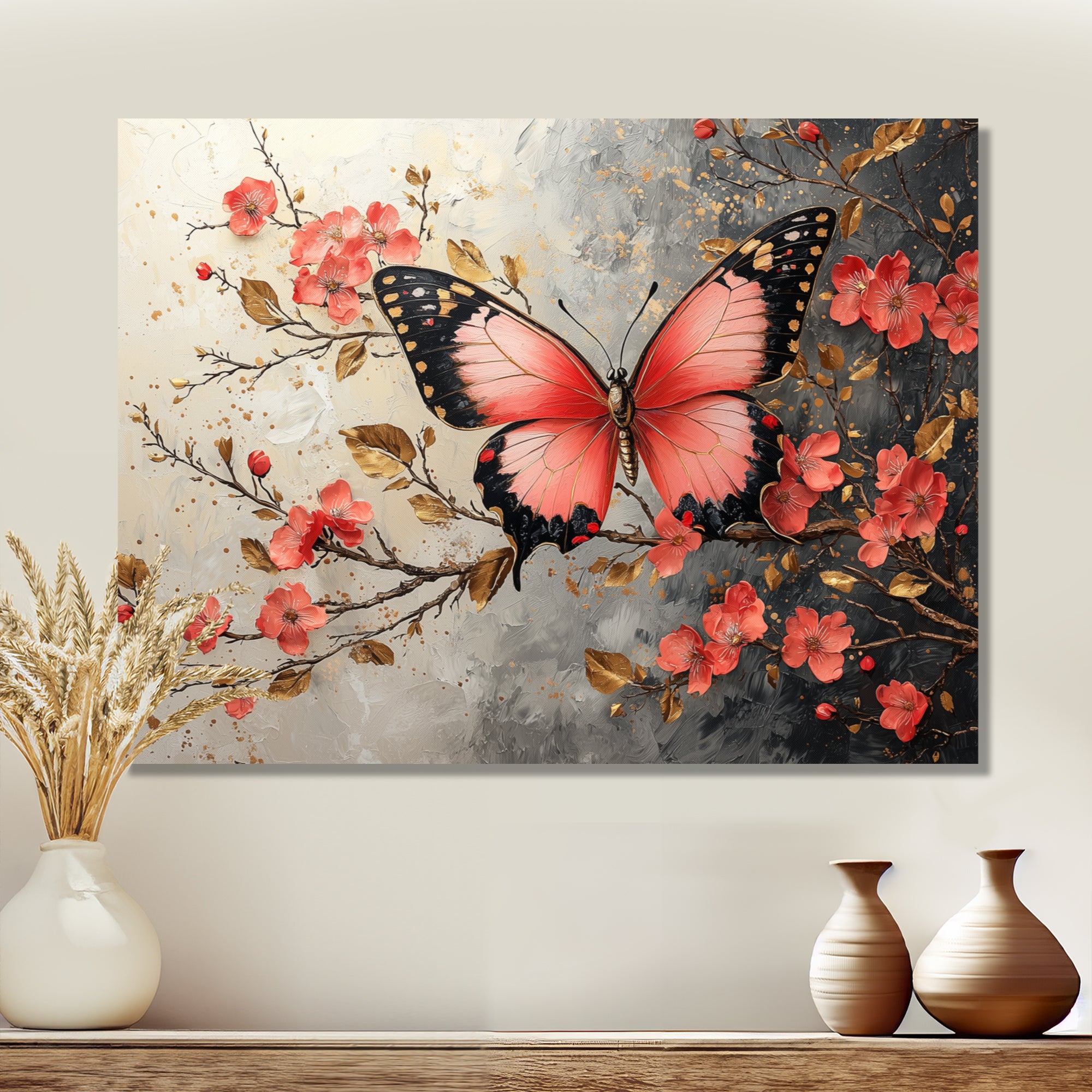 Pink Butterfly On Cherry Blossom Tree - Butterfly Framed Canvas Art