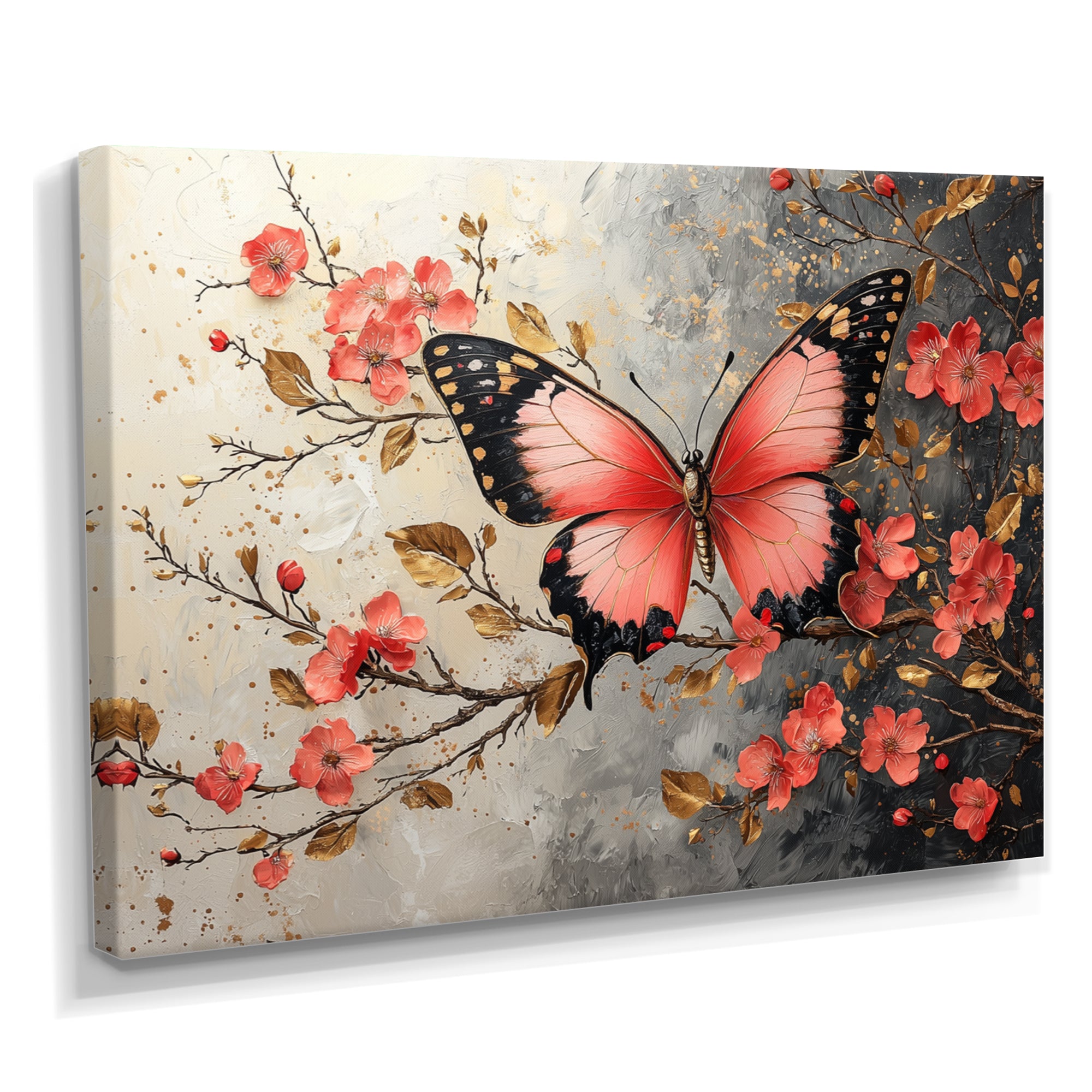 Pink Butterfly On Cherry Blossom Tree - Butterfly Framed Canvas Art