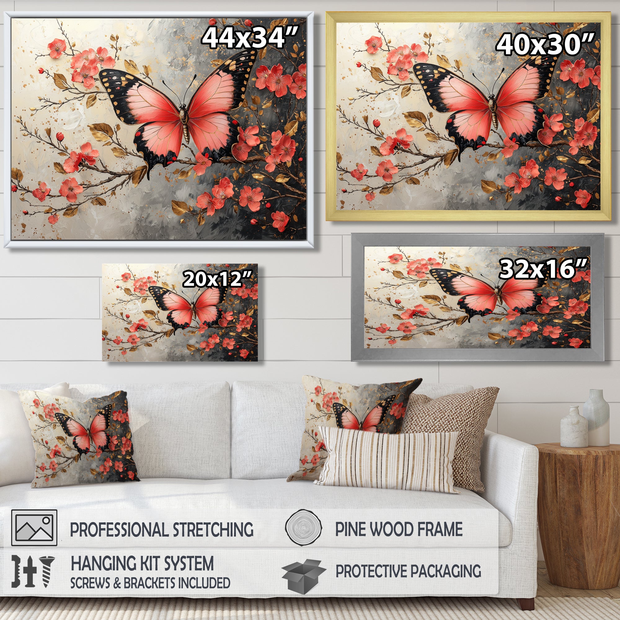 Pink Butterfly On Cherry Blossom Tree - Butterfly Framed Canvas Art