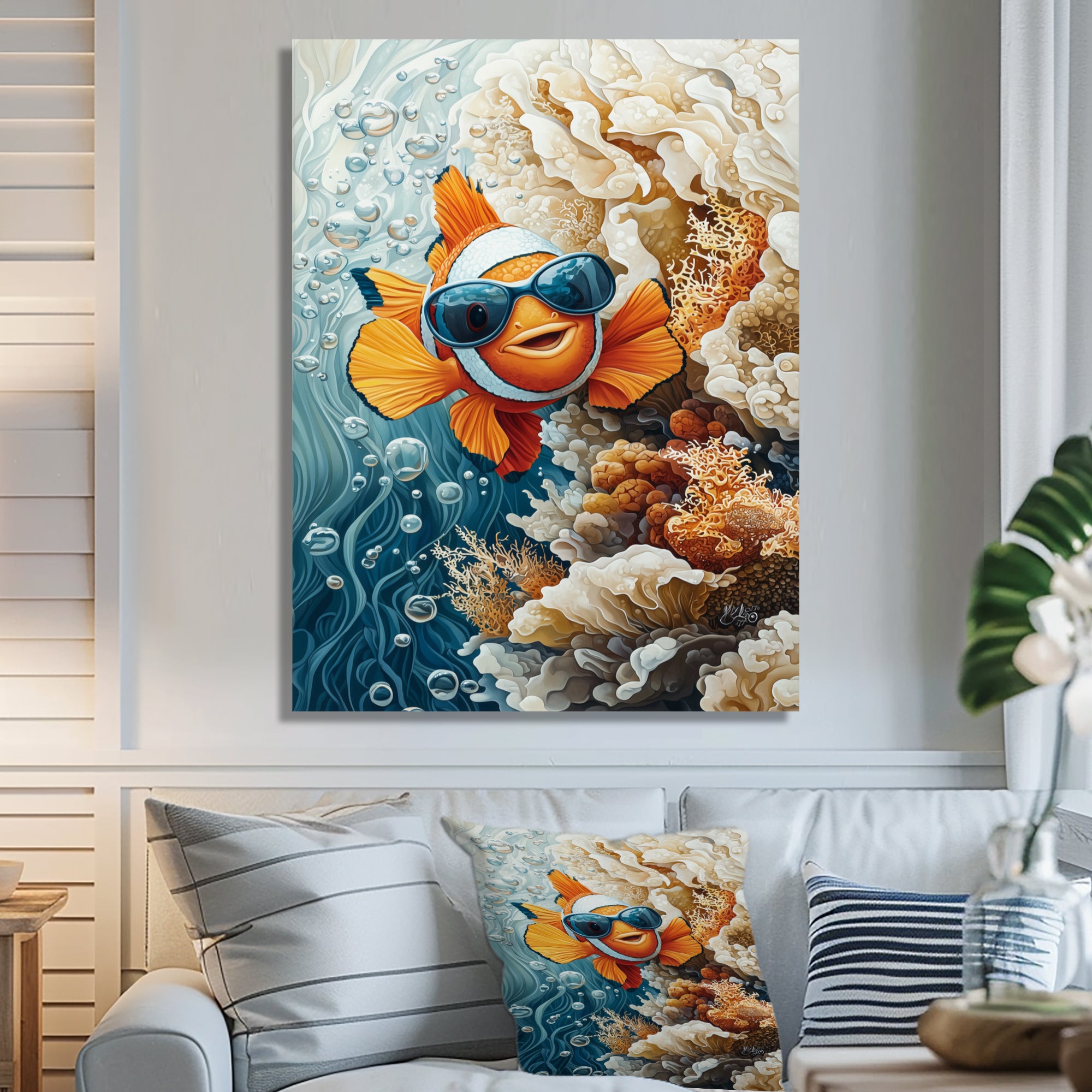 Orange Nemo Fish With Glasses In The Ocean - Fish Large Canvas Wall Art
