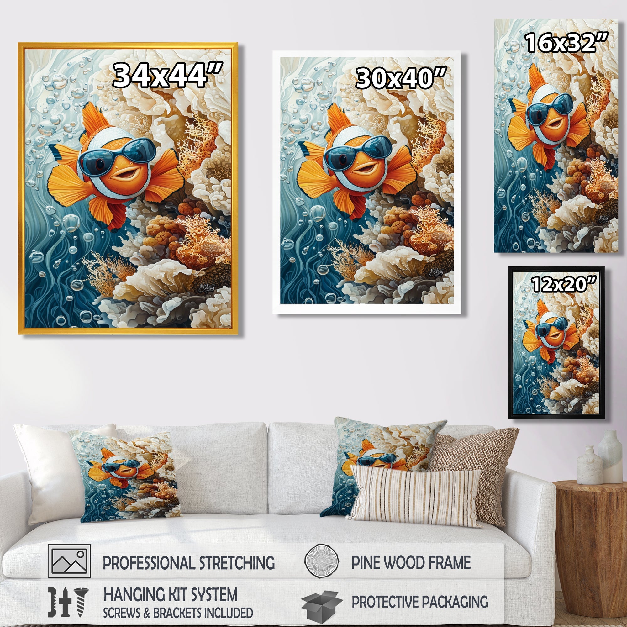 Orange Nemo Fish With Glasses In The Ocean - Fish Large Canvas Wall Art