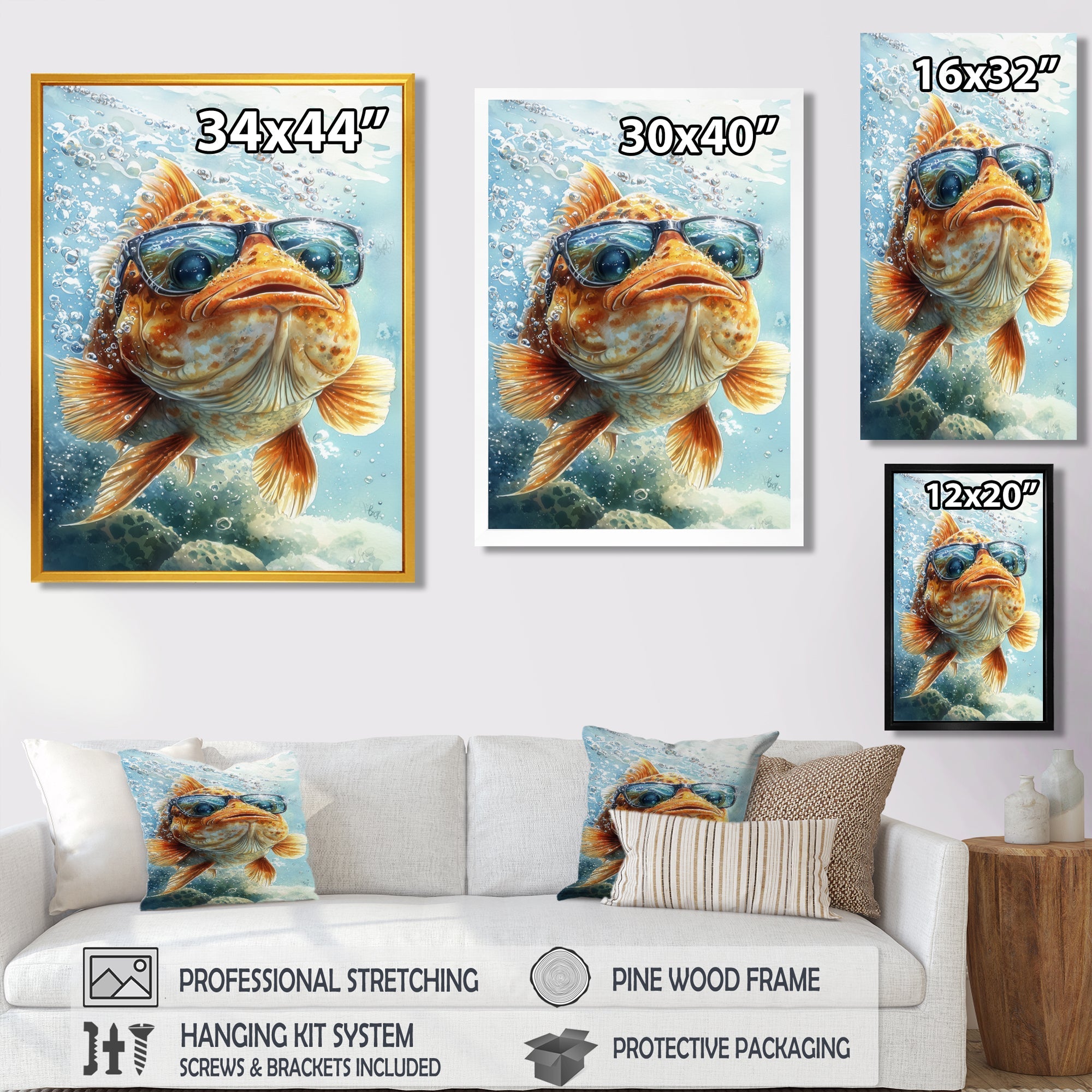 Orange Fish With Glasses In The Ocean - Fish Living Room Wall Art