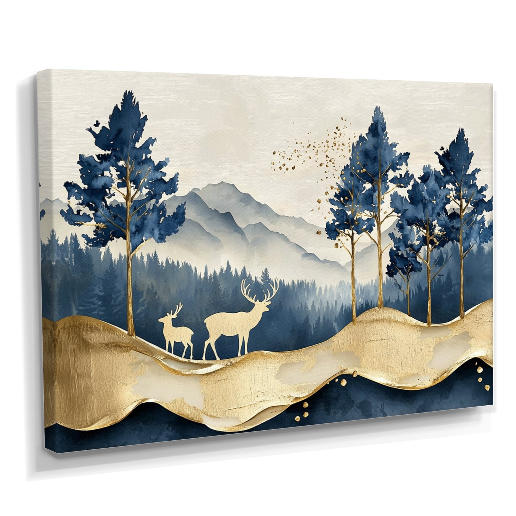 Golden Deer In Pine Tree Misty Mountain - Gold Deer Wall Art
