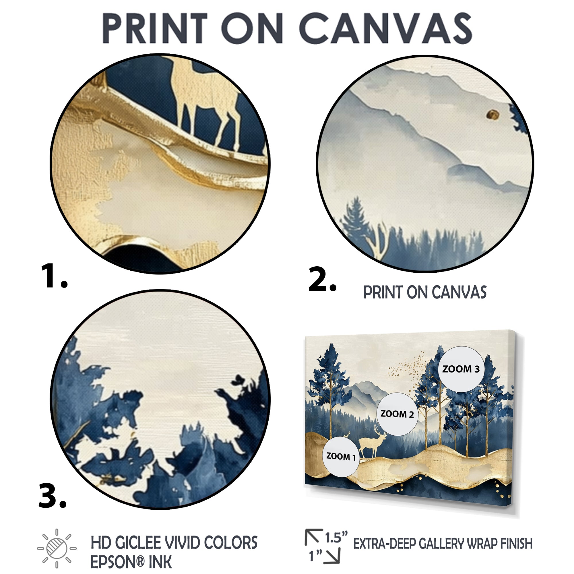 Golden Deer In Pine Tree Misty Mountain - Gold Deer Wall Art