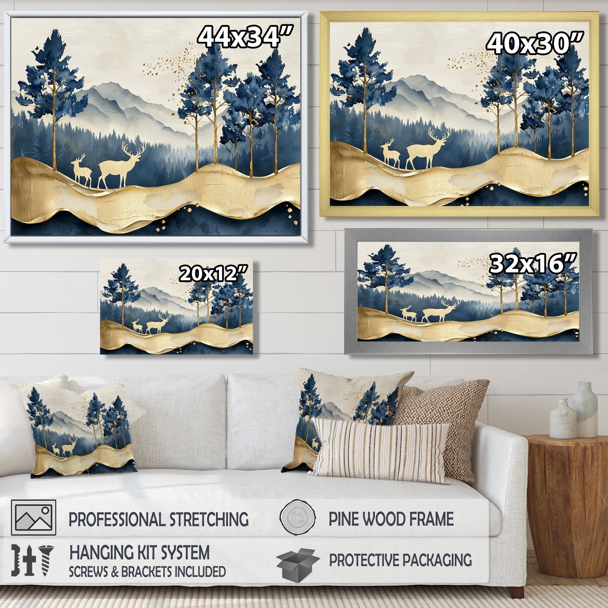 Golden Deer In Pine Tree Misty Mountain - Gold Deer Wall Art