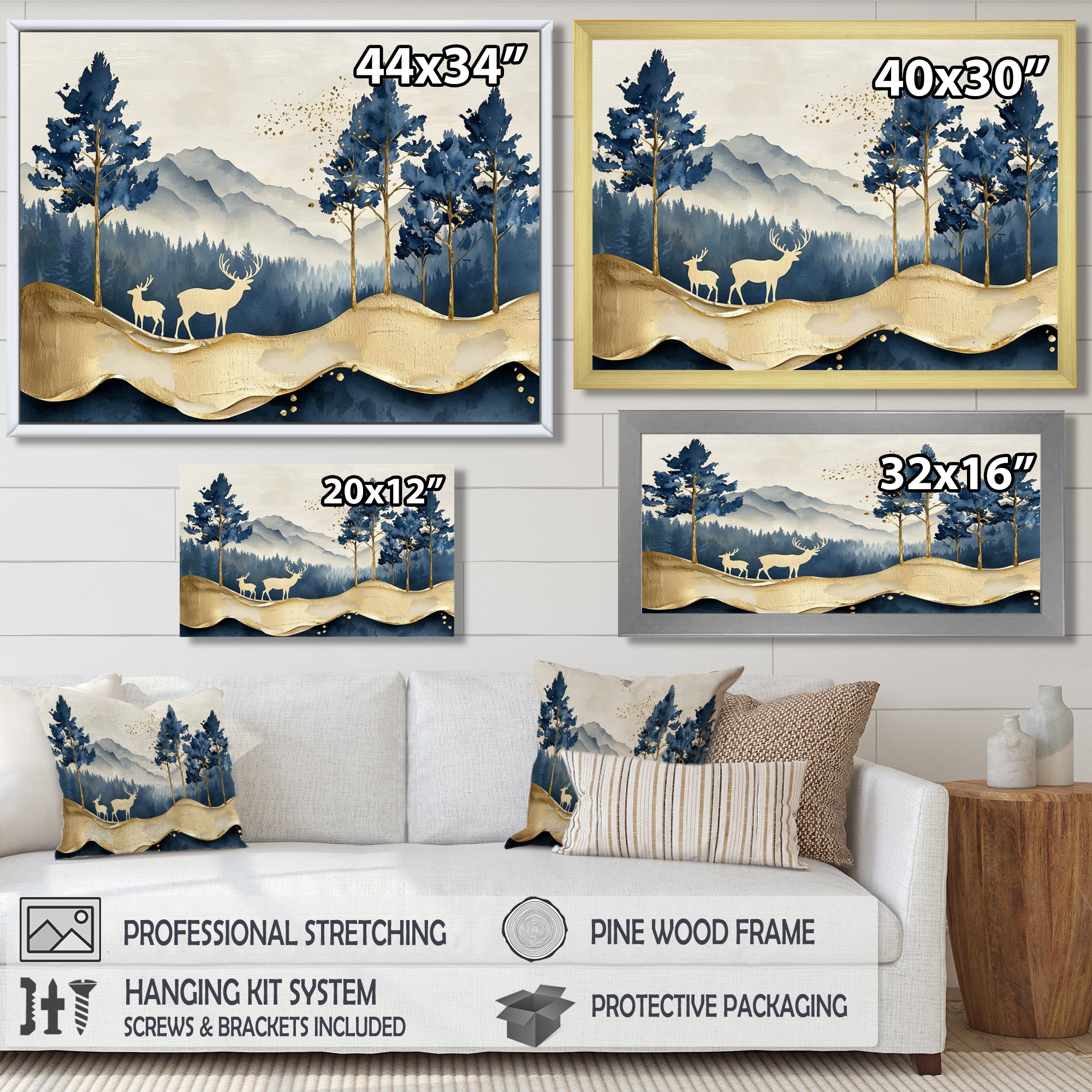 Golden Deer In Pine Tree Misty Mountain - Gold Deer Wall Art