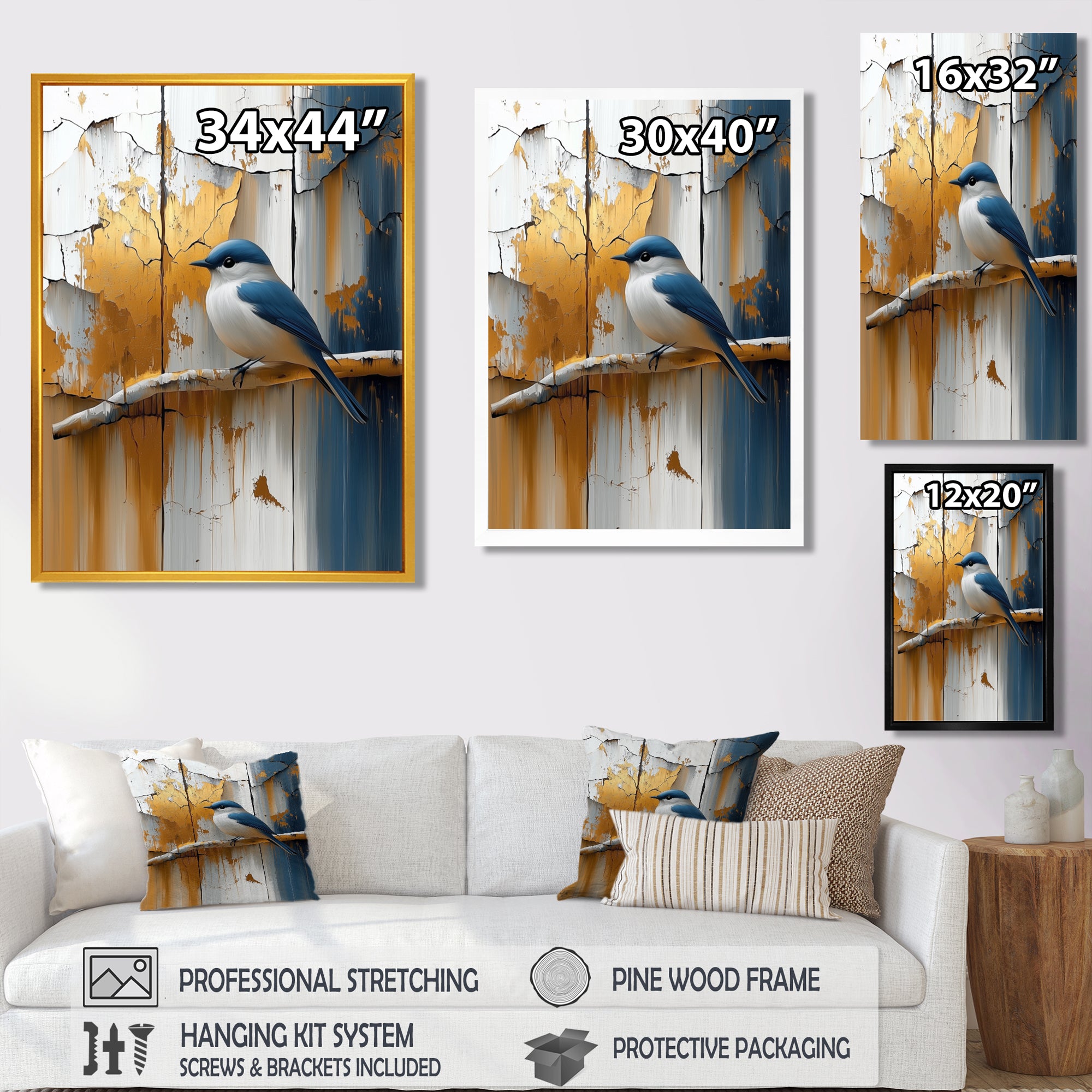 Gold And Blue Bird Rustic Charm - Bird Large Canvas Wall Art