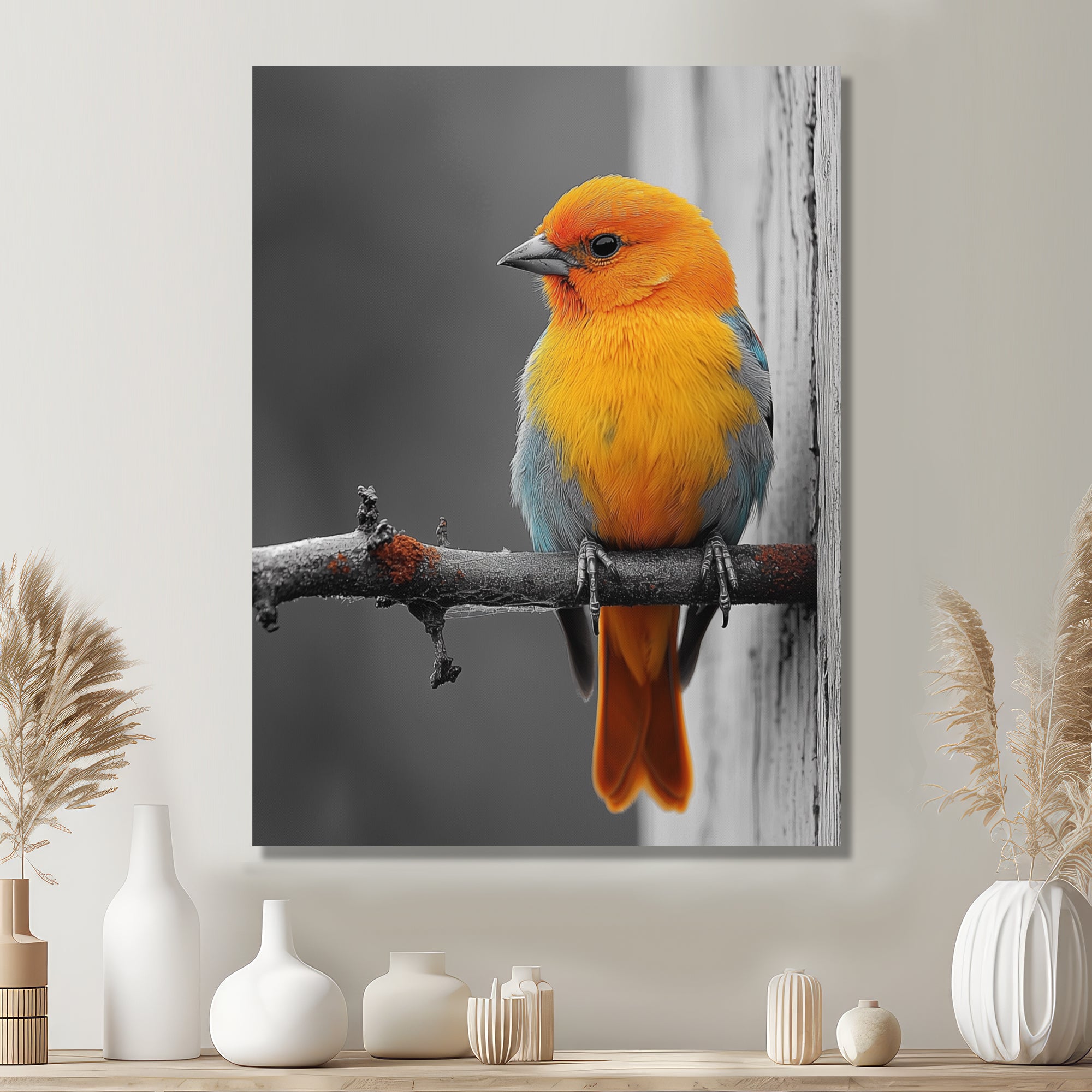 Yellow Chickadee's Bird House Branch - Bird House Home Decor Art