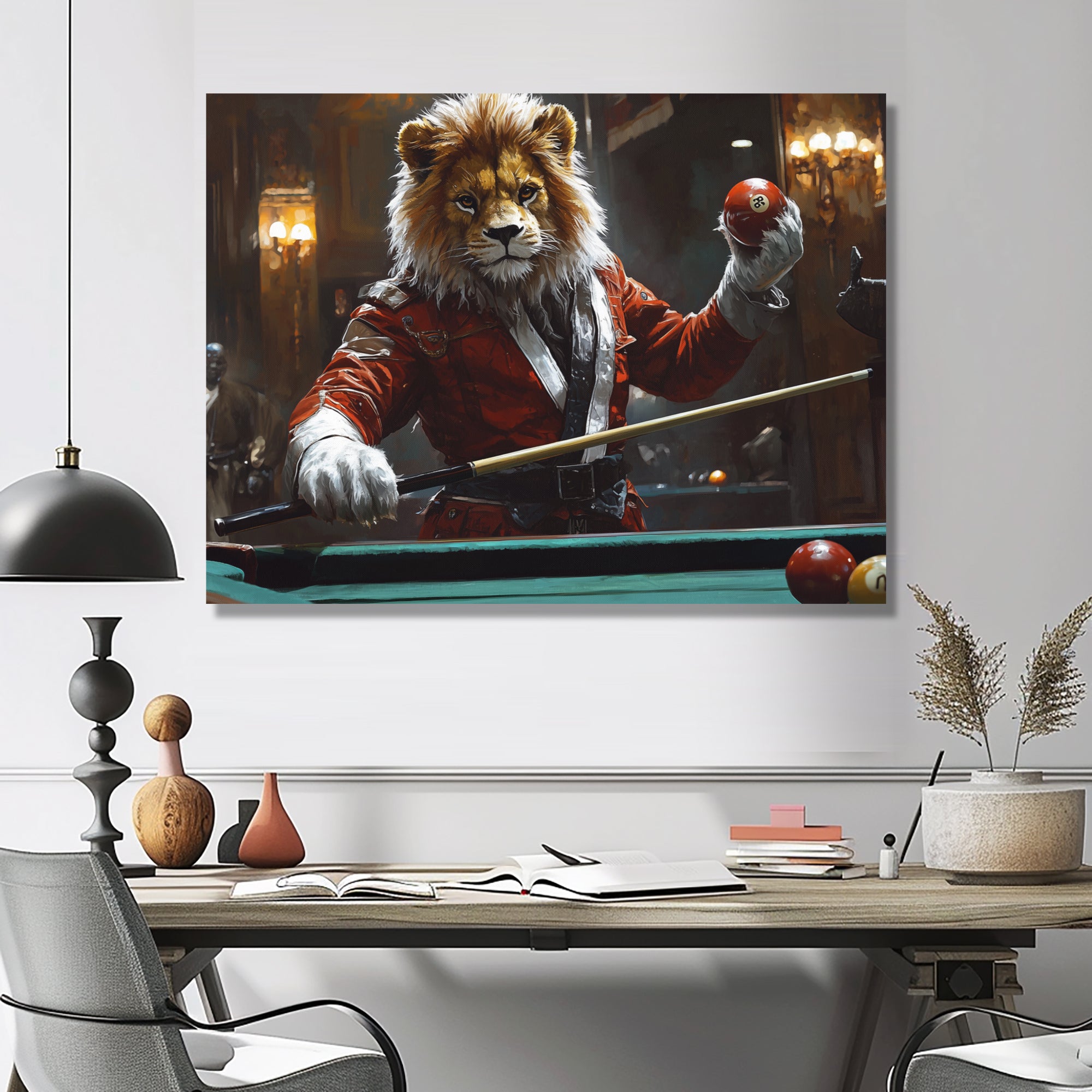 Red Lion Playing Billards - Billiards Canvas Wall Art
