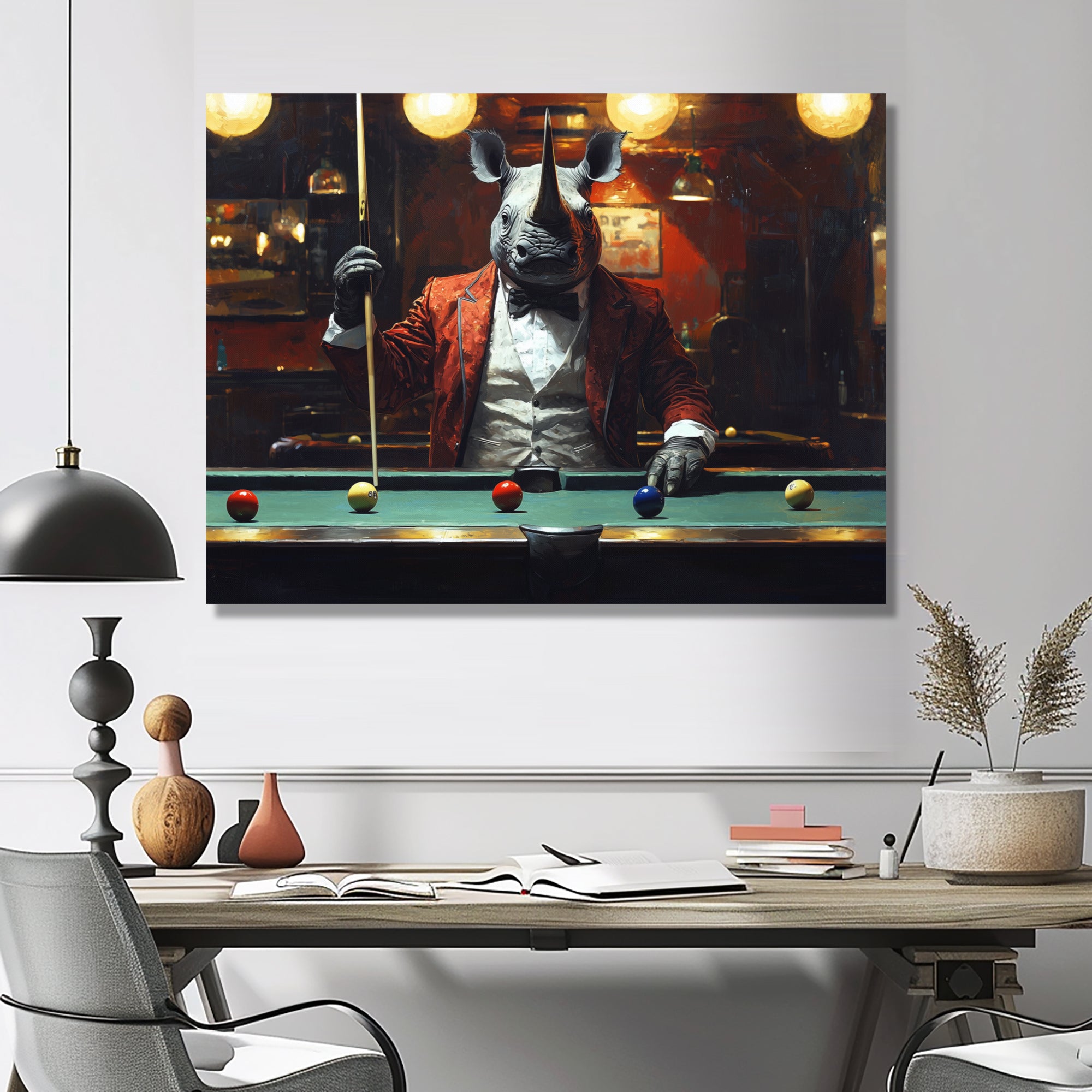 Red Rhino Playing Pool - Billiards Canvas Wall Art