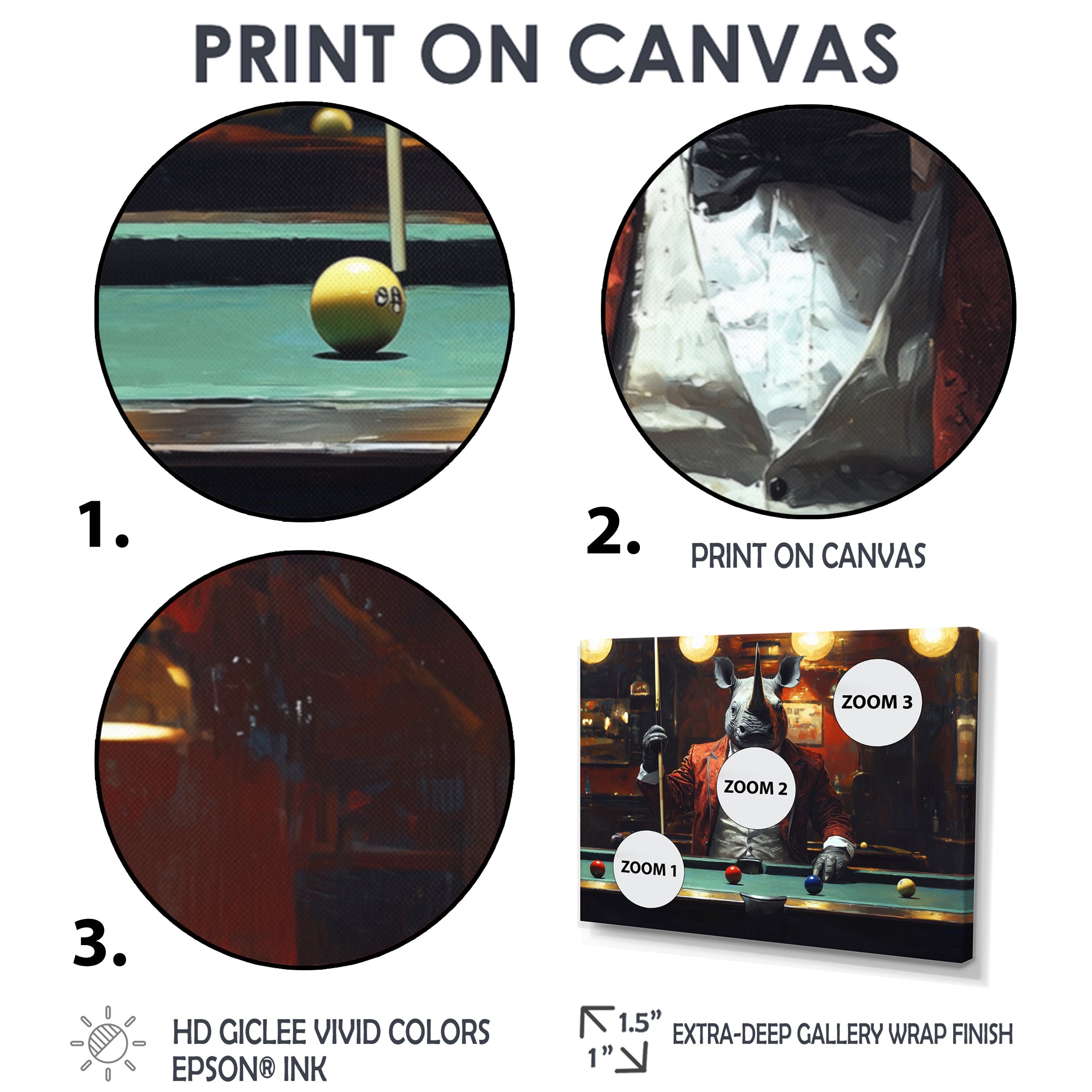 Red Rhino Playing Pool - Billiards Canvas Wall Art