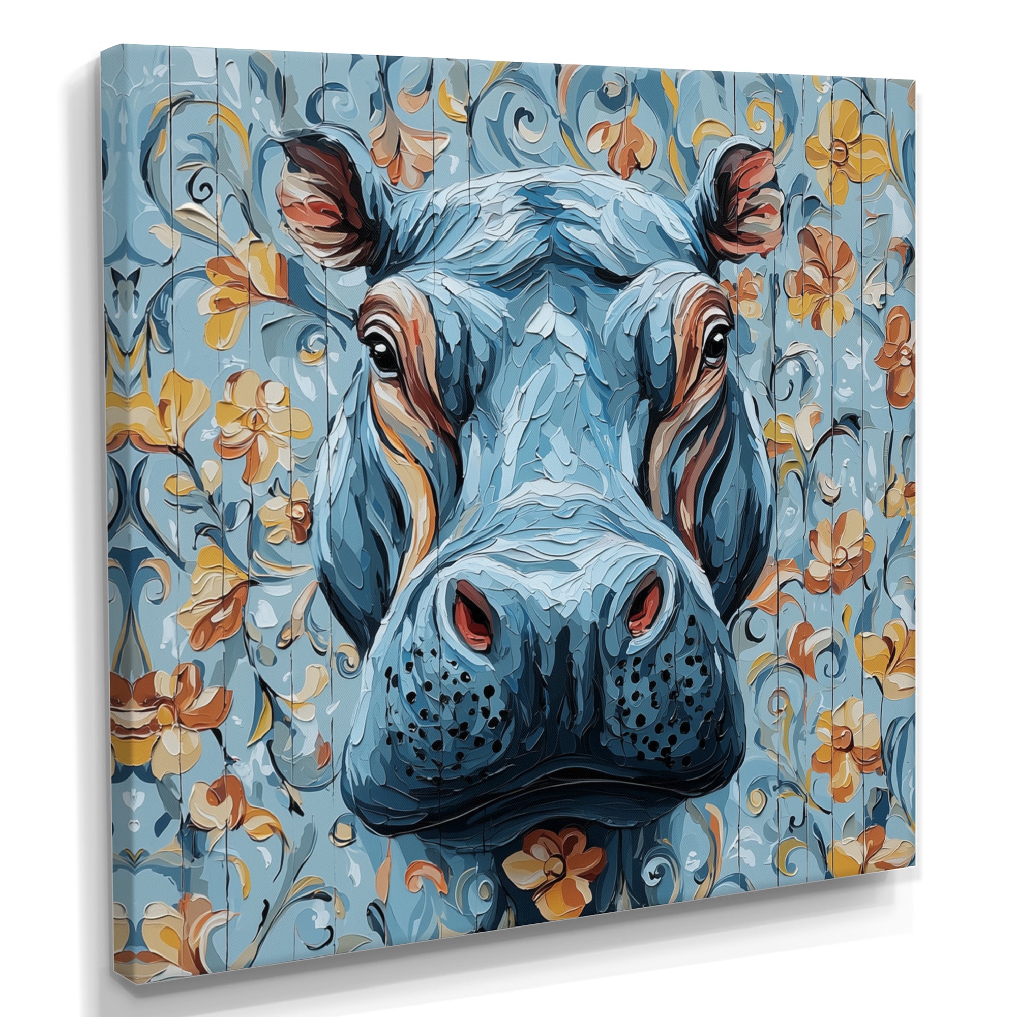 Blue Floral Hippo Portrait - Hippopotamus Living Room Wall Art