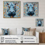 Blue Floral Hippo Portrait - Hippopotamus Living Room Wall Art
