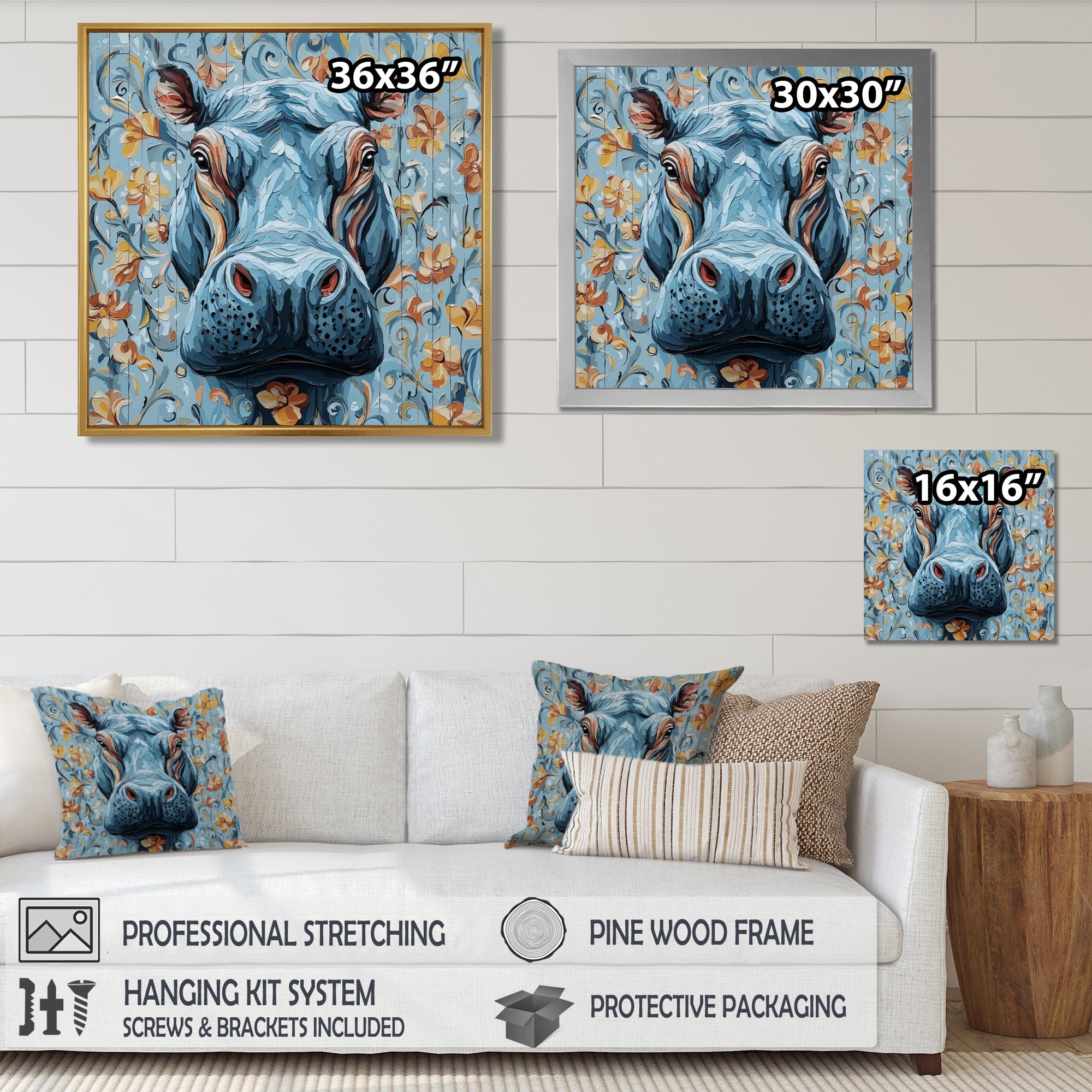 Blue Floral Hippo Portrait - Hippopotamus Living Room Wall Art