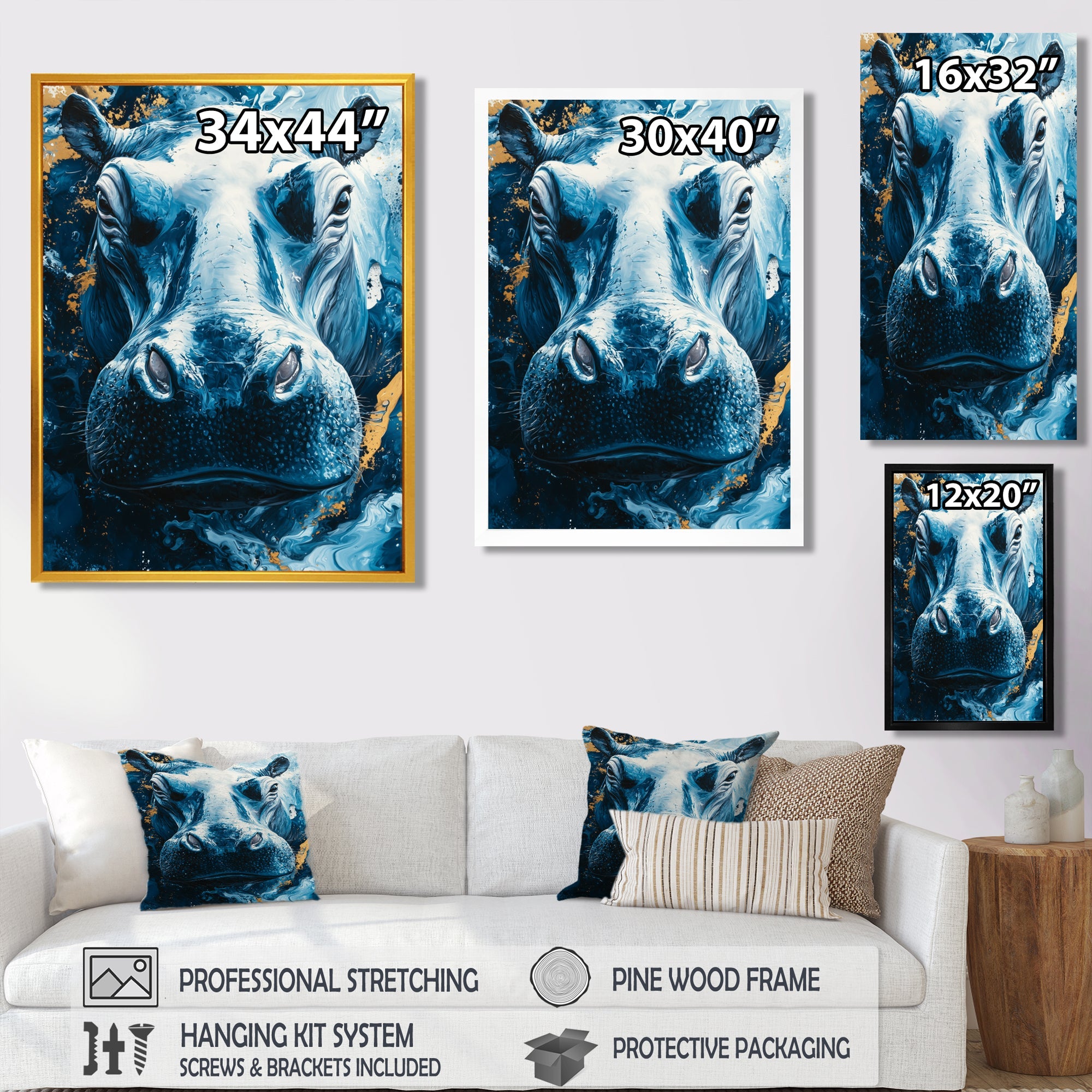 Blue Hippo Portrait - Hippopotamus Bedroom Wall Art
