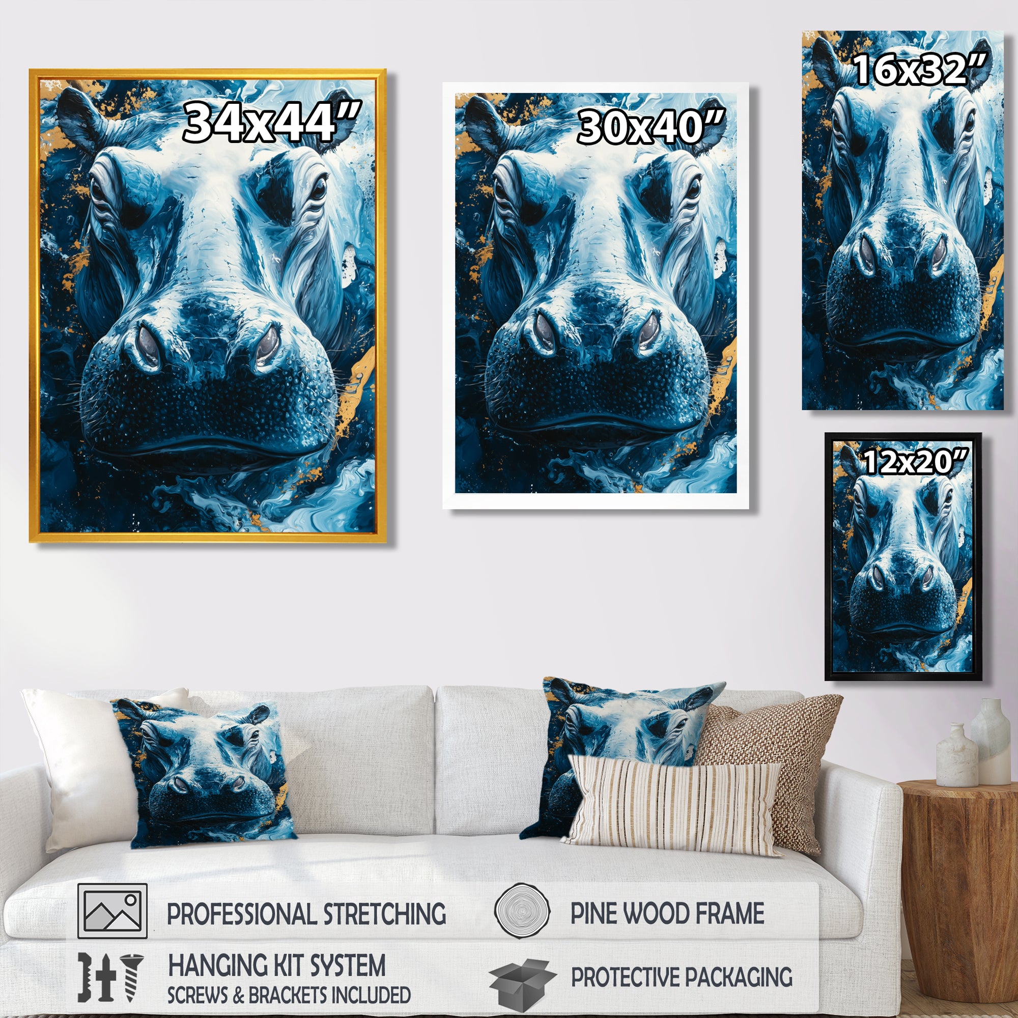 Blue Hippo Portrait - Hippopotamus Bedroom Wall Art