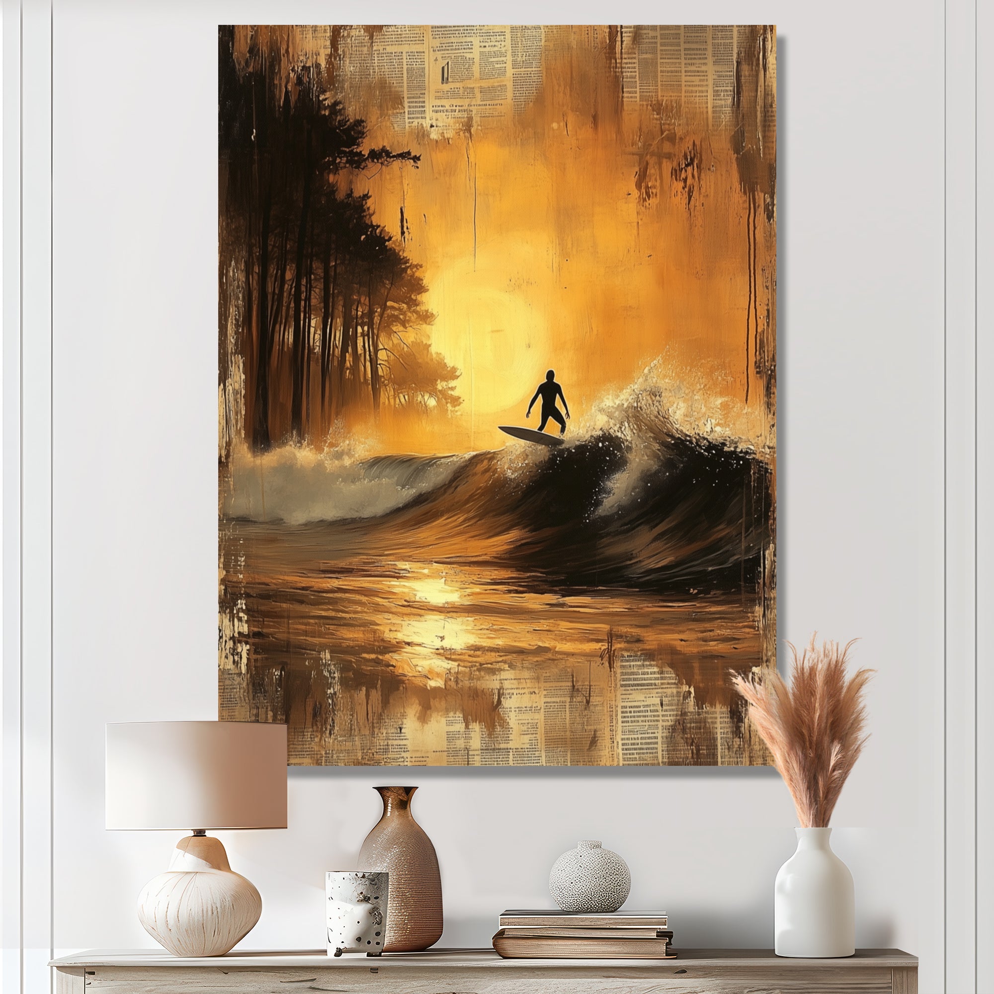Vintage Yellow Surfing Landscape - Surfing Canvas Wall Art
