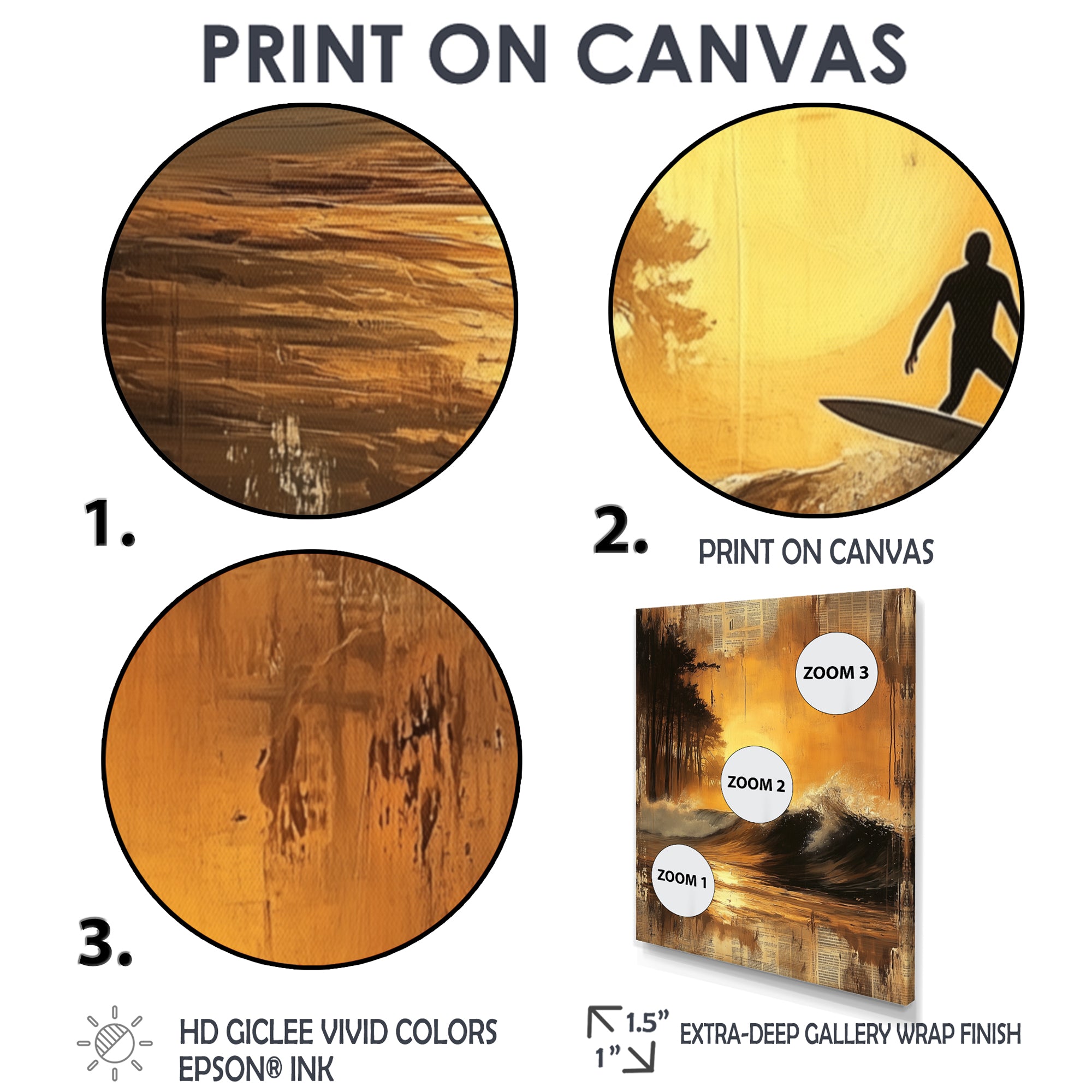 Vintage Yellow Surfing Landscape - Surfing Canvas Wall Art