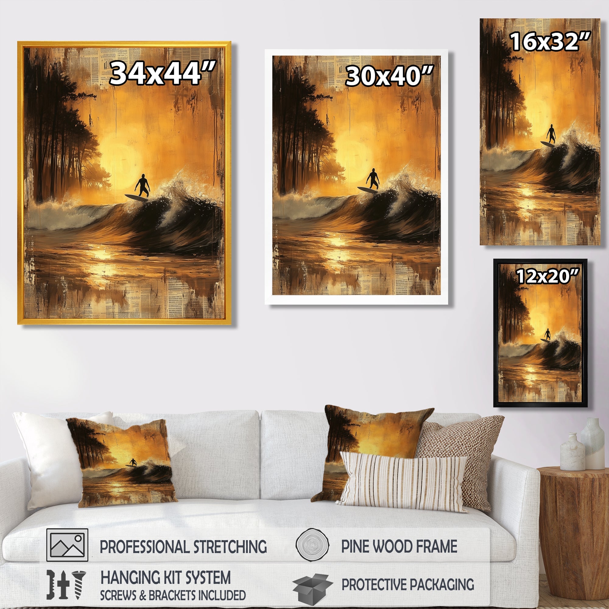 Vintage Yellow Surfing Landscape - Surfing Canvas Wall Art