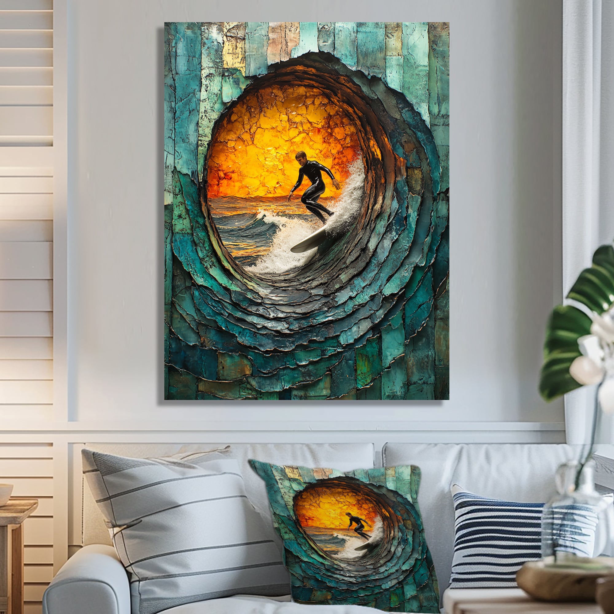 Green Surfing Mosaic - Surfing Canvas Wall Art