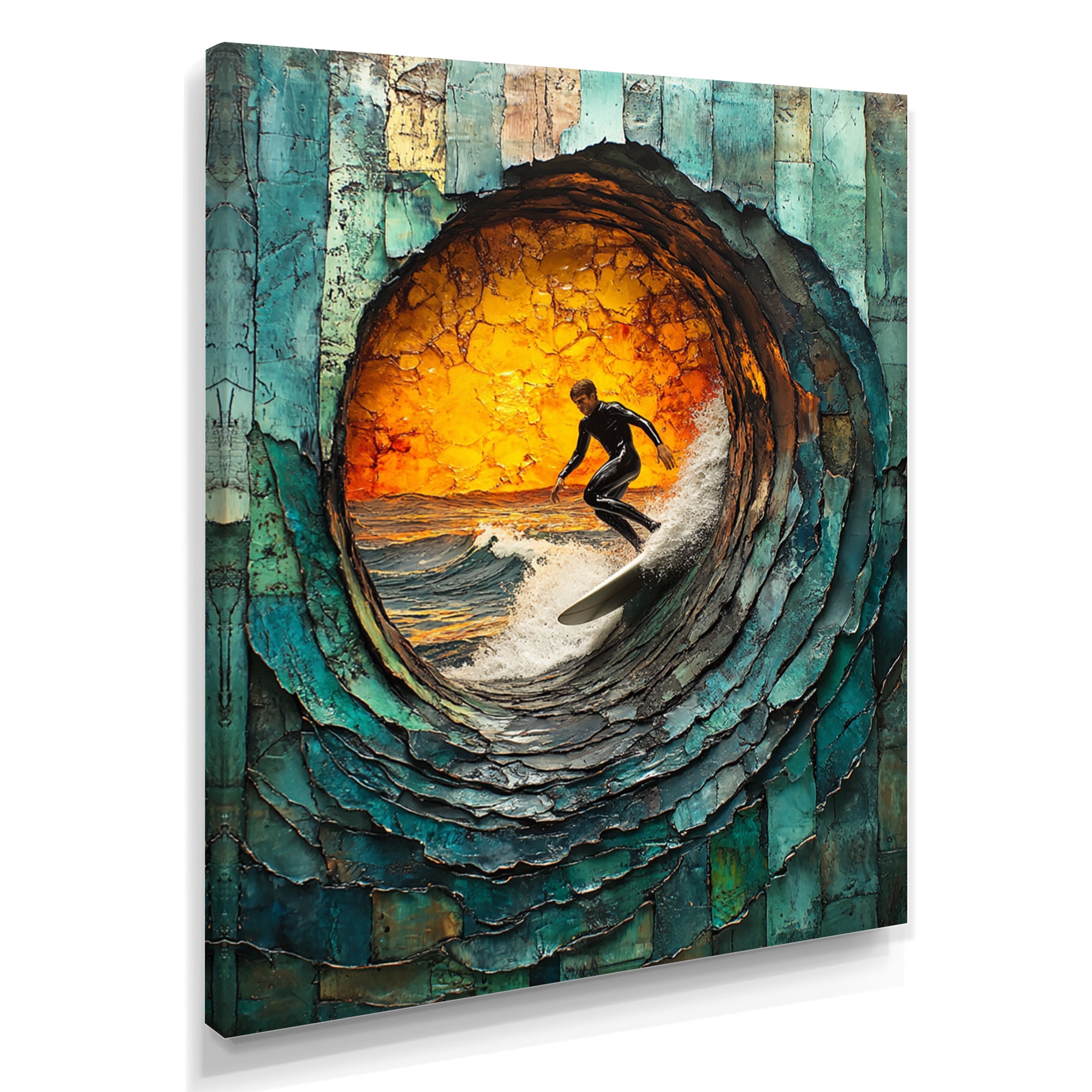 Green Surfing Mosaic - Surfing Canvas Wall Art