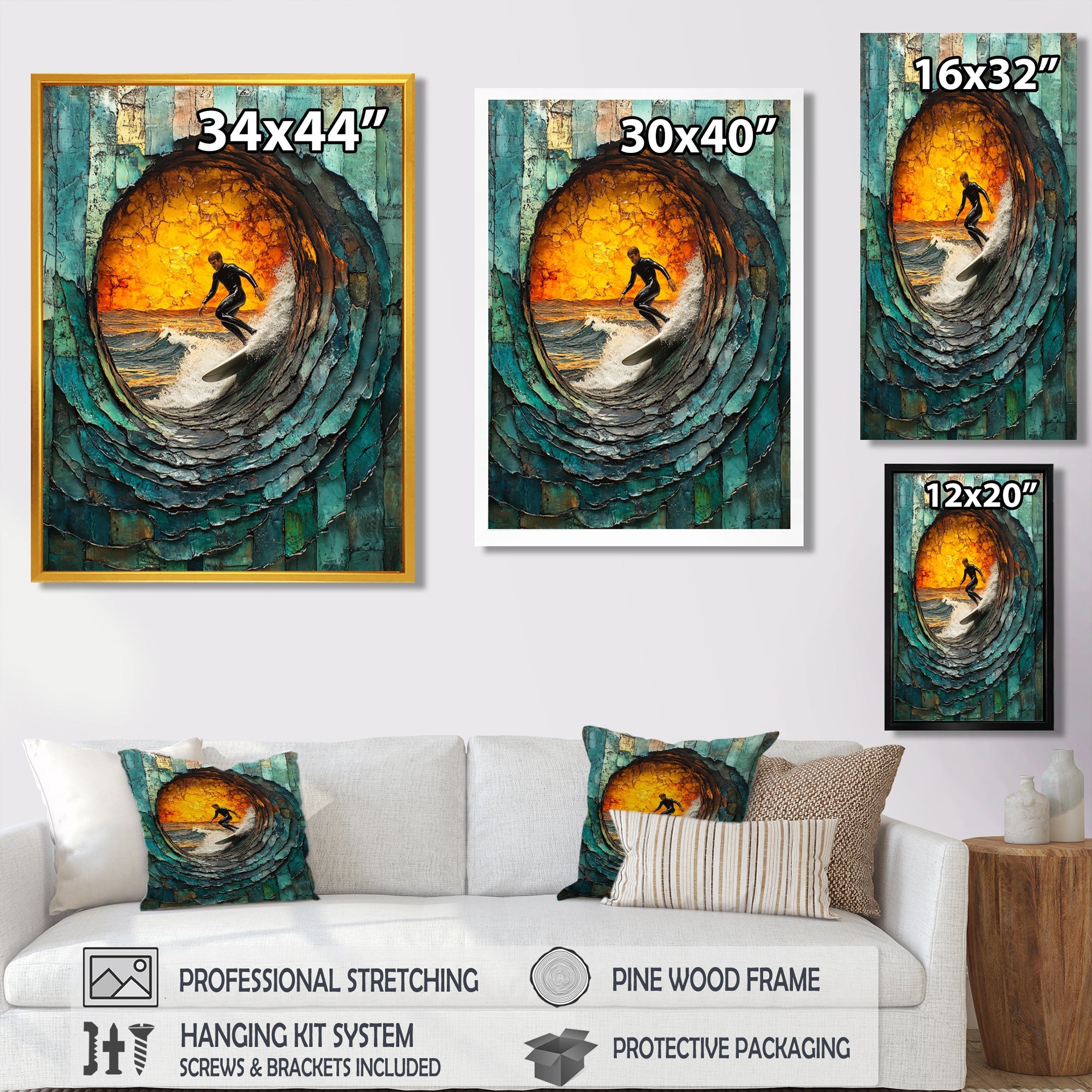 Green Surfing Mosaic - Surfing Canvas Wall Art