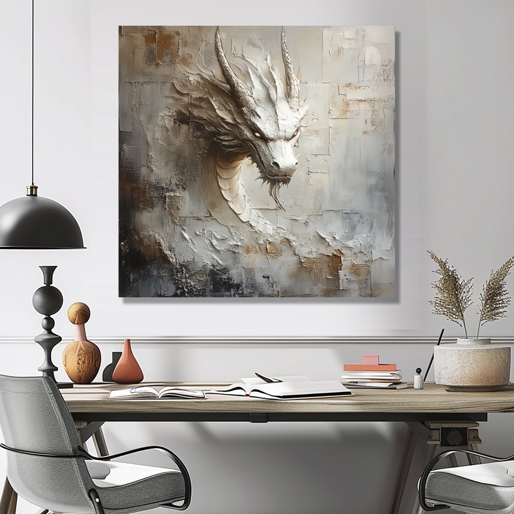 Mythology White Dragons Head - Dragons Living Room Wall Art