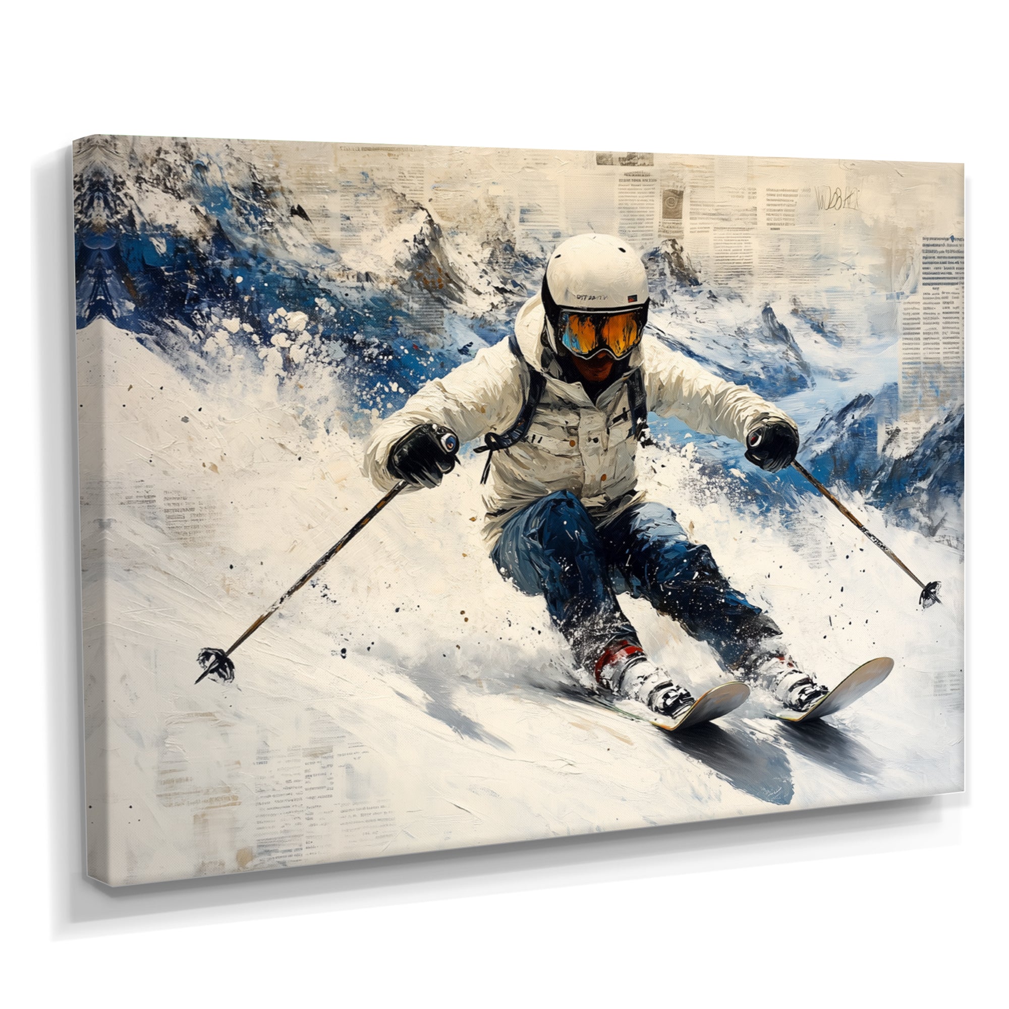 White Ski Big Air Accented With Blue - Skiing Canvas Wall Art