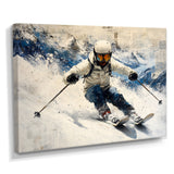 White Ski Big Air Accented With Blue - Skiing Canvas Wall Art