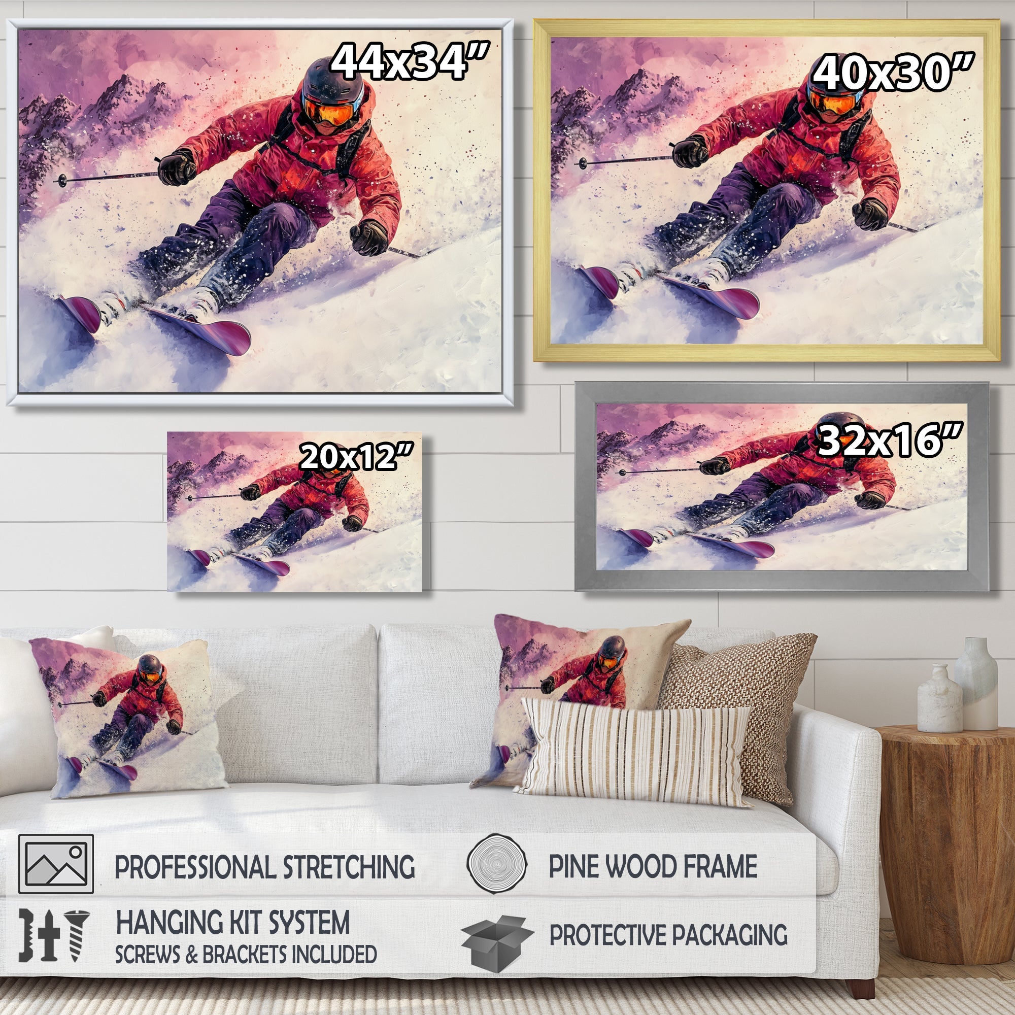 Orange Ski Slopestyle Mens Accented With Pink - Skiing Canvas Wall Art