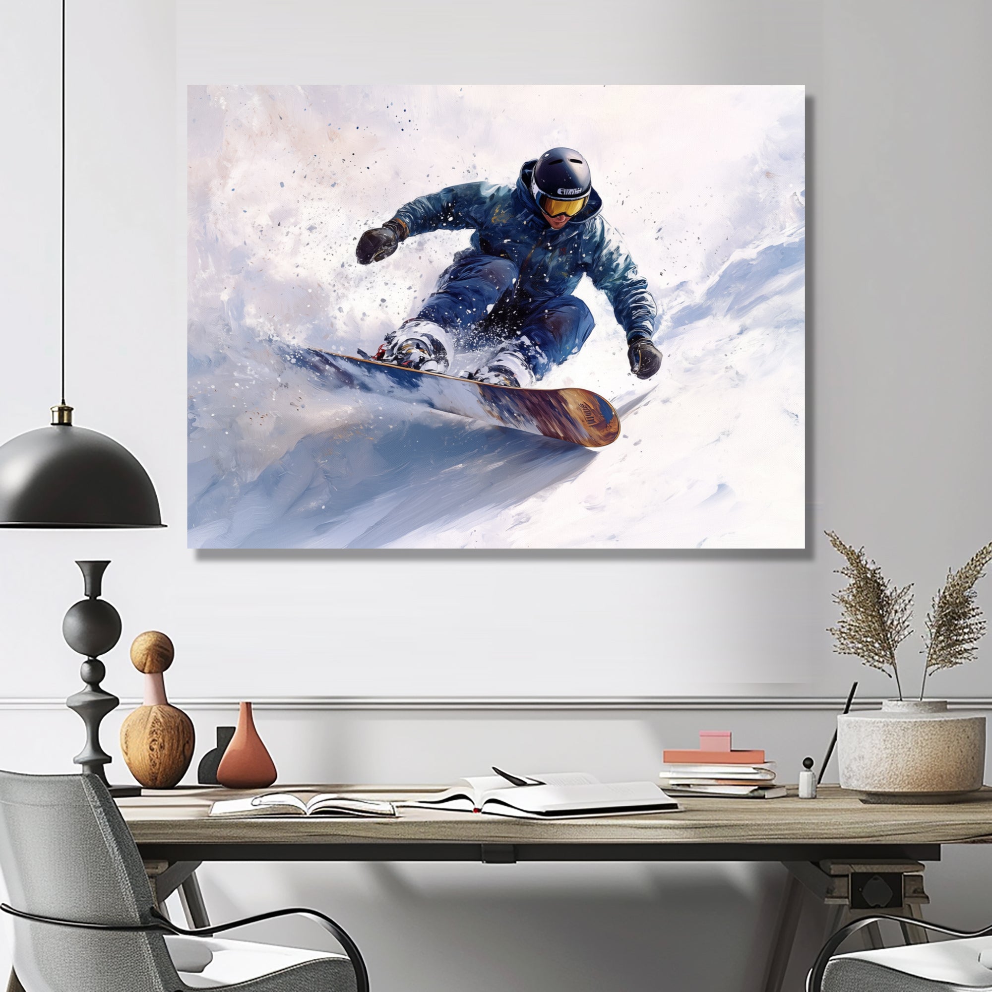White Snowboard Big Air Mens Accented With Green - Winter Sport Canvas Wall Art