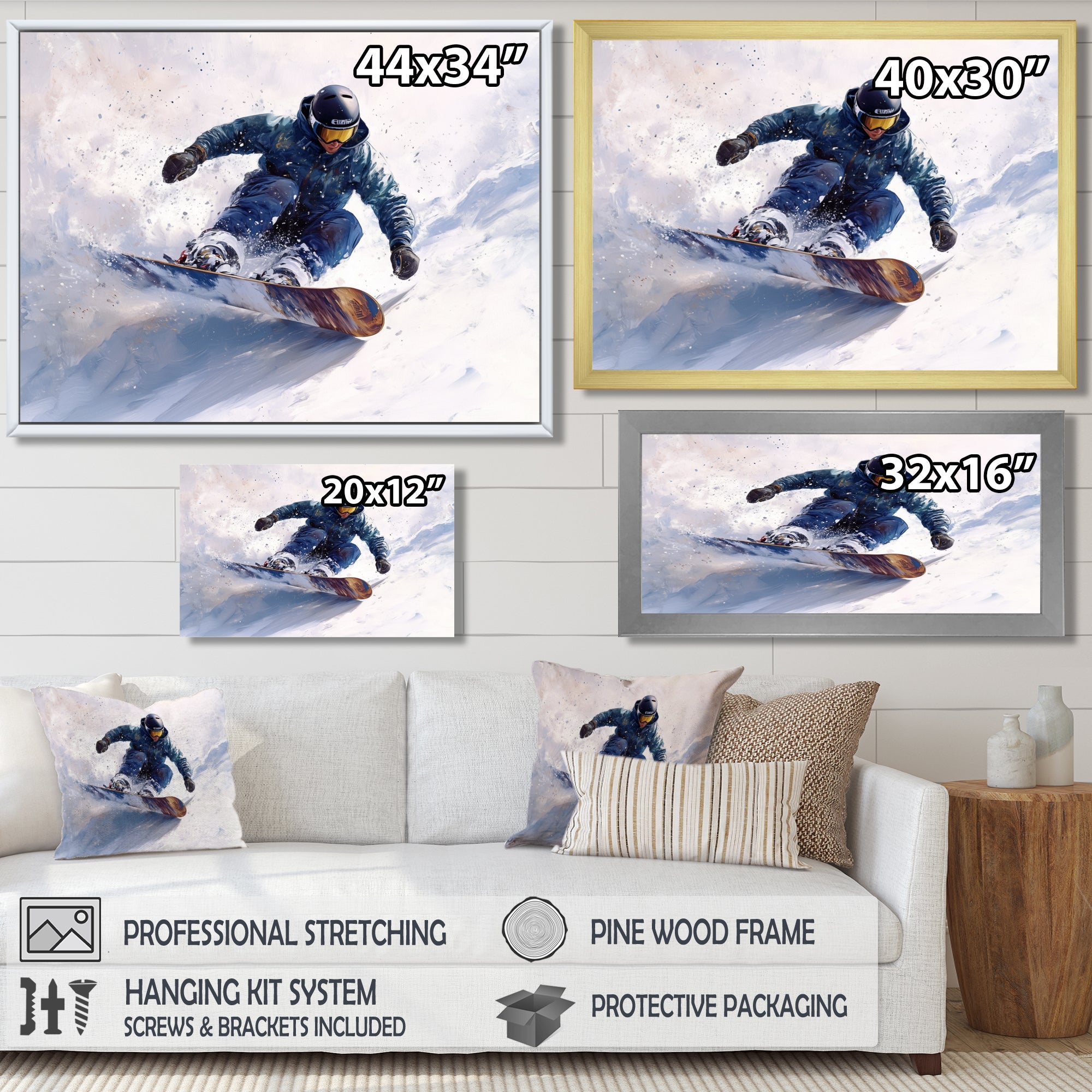 White Snowboard Big Air Mens Accented With Green - Winter Sport Canvas Wall Art